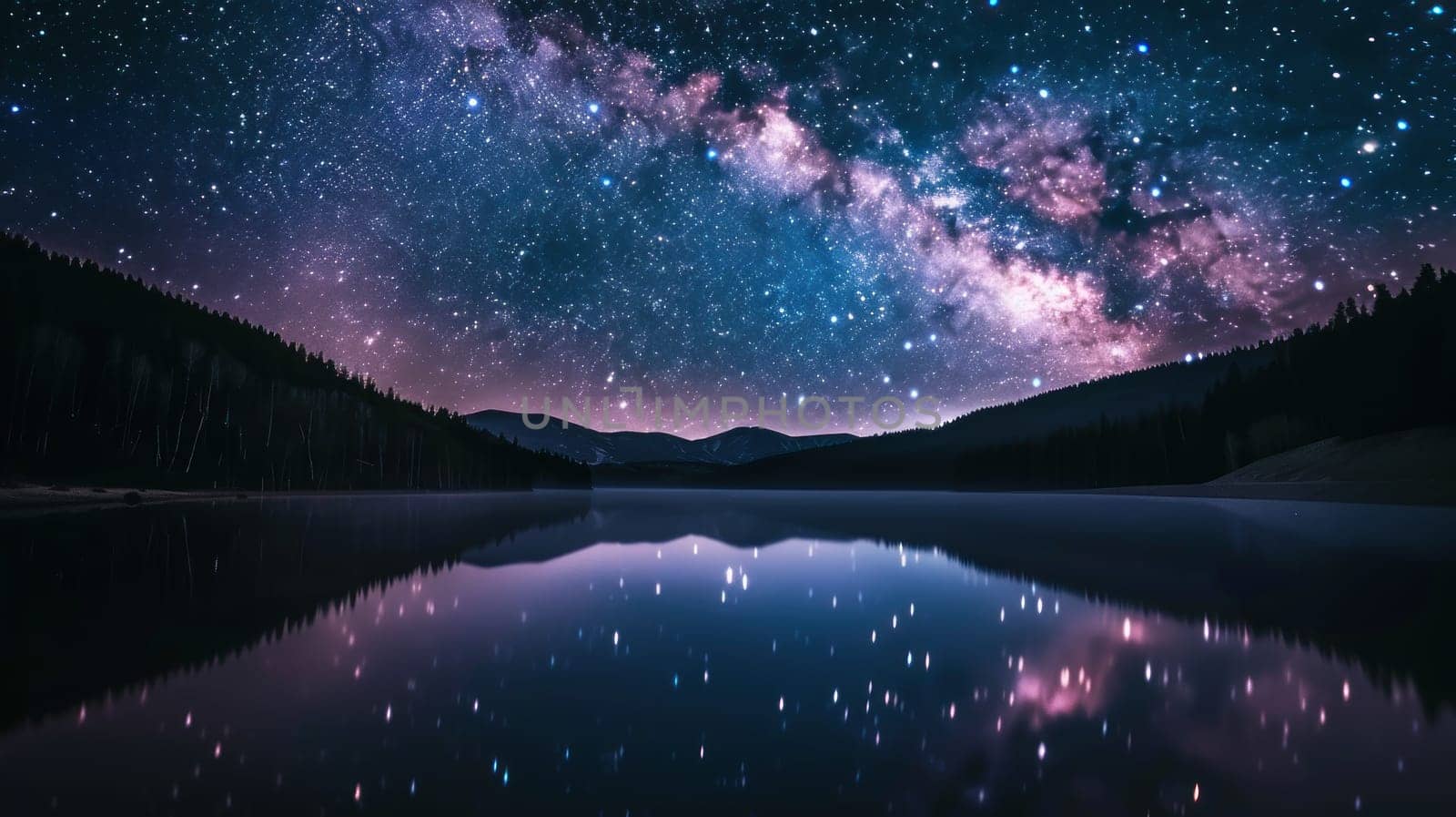 A beautiful night sky with a lake and mountains in the background.