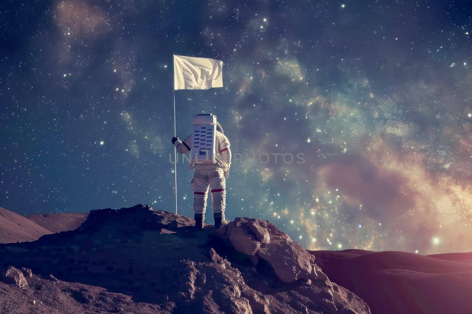 A man in a spacesuit stands on a moon like surface holding a white flag by golfmerrymaker