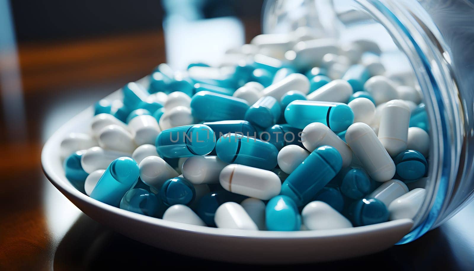 White pills on blue background. High quality photo