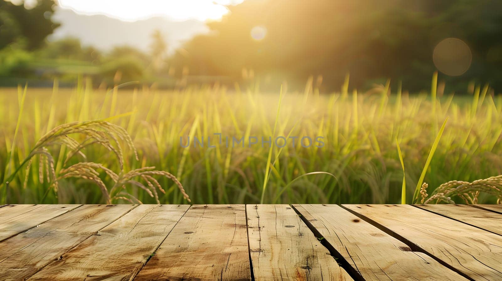 A wooden table set against a picturesque natural landscape with a field of wheat in the background, surrounded by grass, meadows, and wood