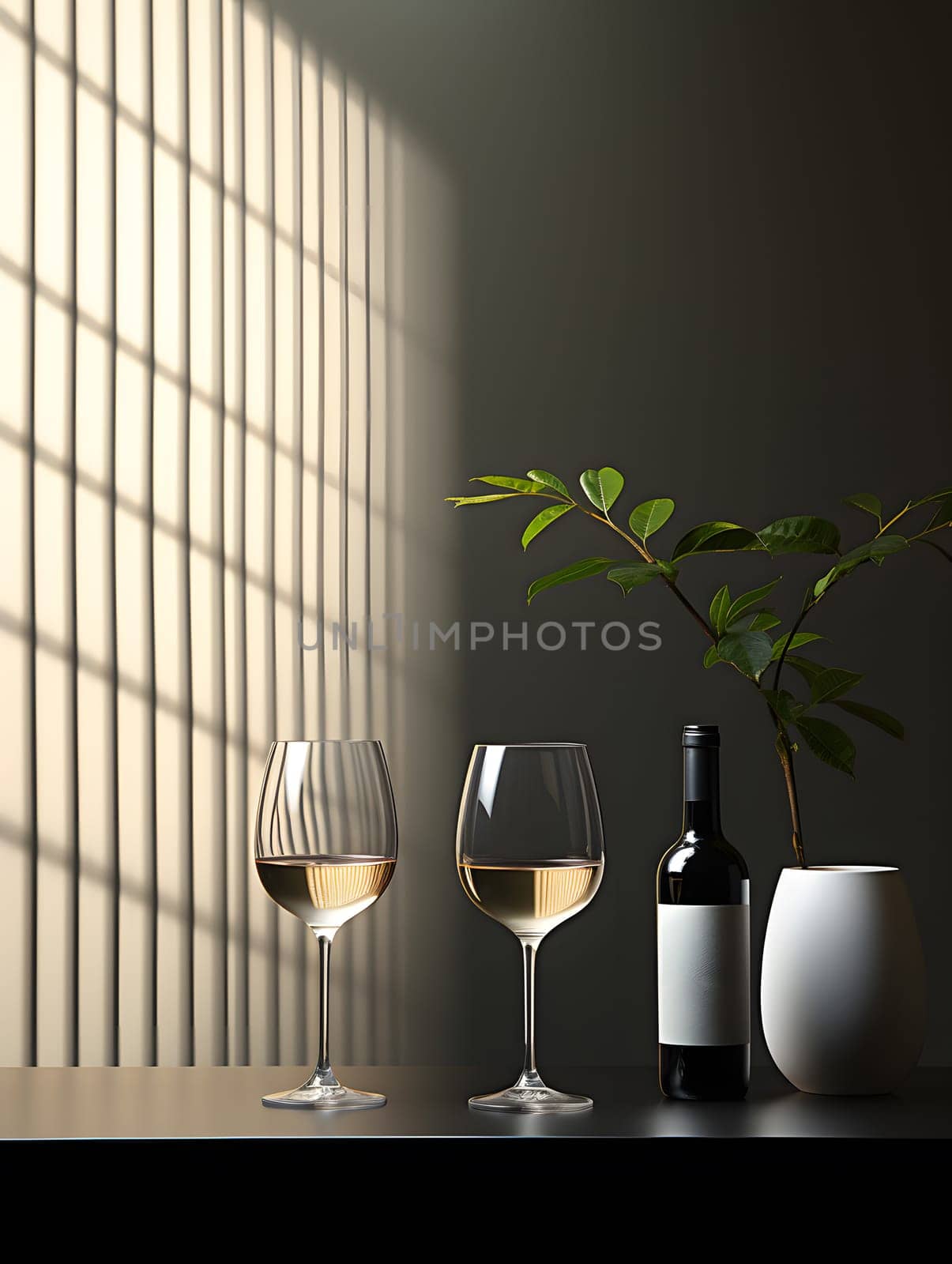 Two elegant wine glasses and a bottle of fine wine displayed on a wooden table. Perfect for a romantic evening or casual gathering