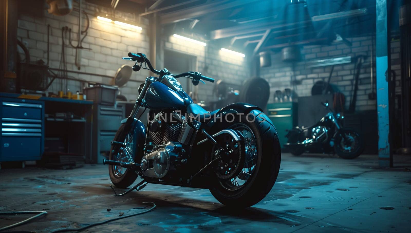 A blue motorcycle with automotive lighting is parked in a dark garage, its automotive tires resting on the cold concrete floor