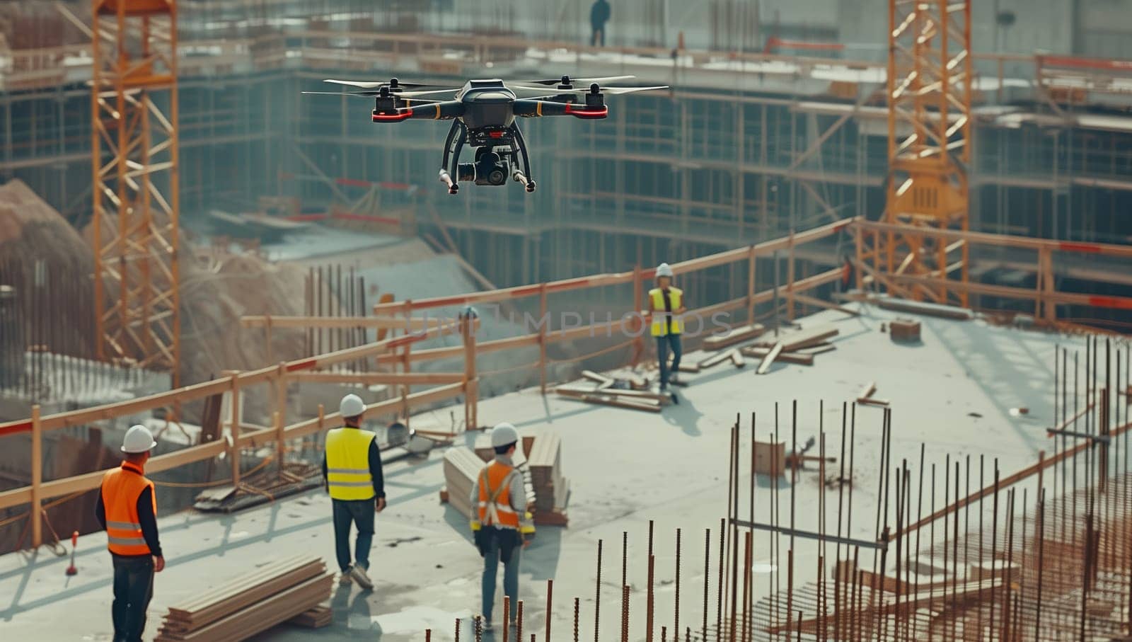 A drone is capturing aerial footage of a construction site near a city, showcasing water bodies, buildings, vehicles, asphalt, urban design, fences, and recreational areas