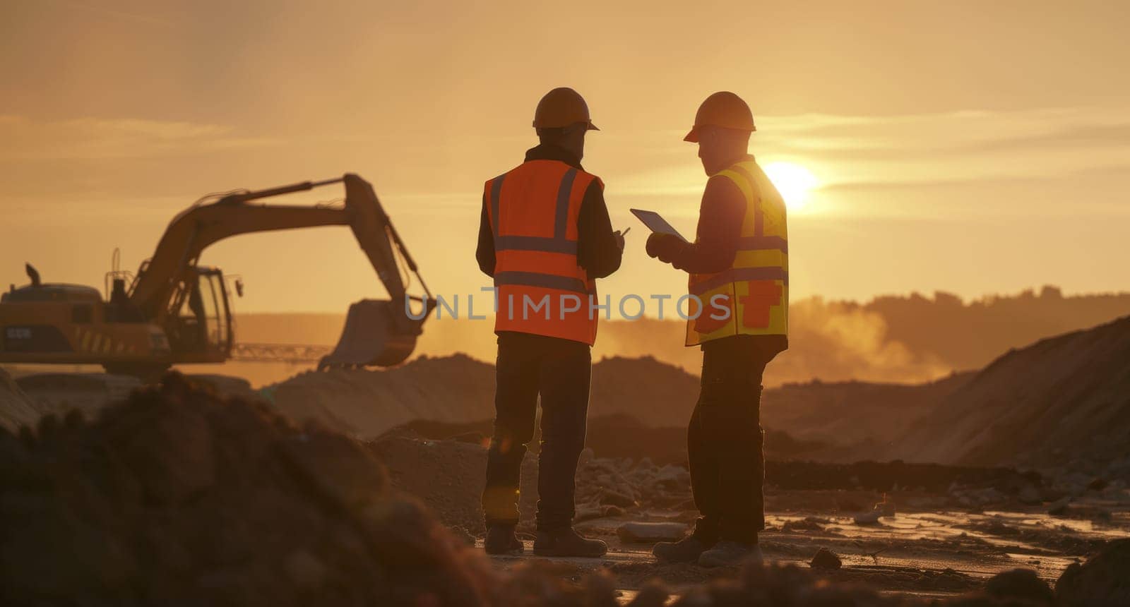 Two construction workers are enjoying the sunset on a construction site, admiring the beautiful sky and landscape while looking at a tablet