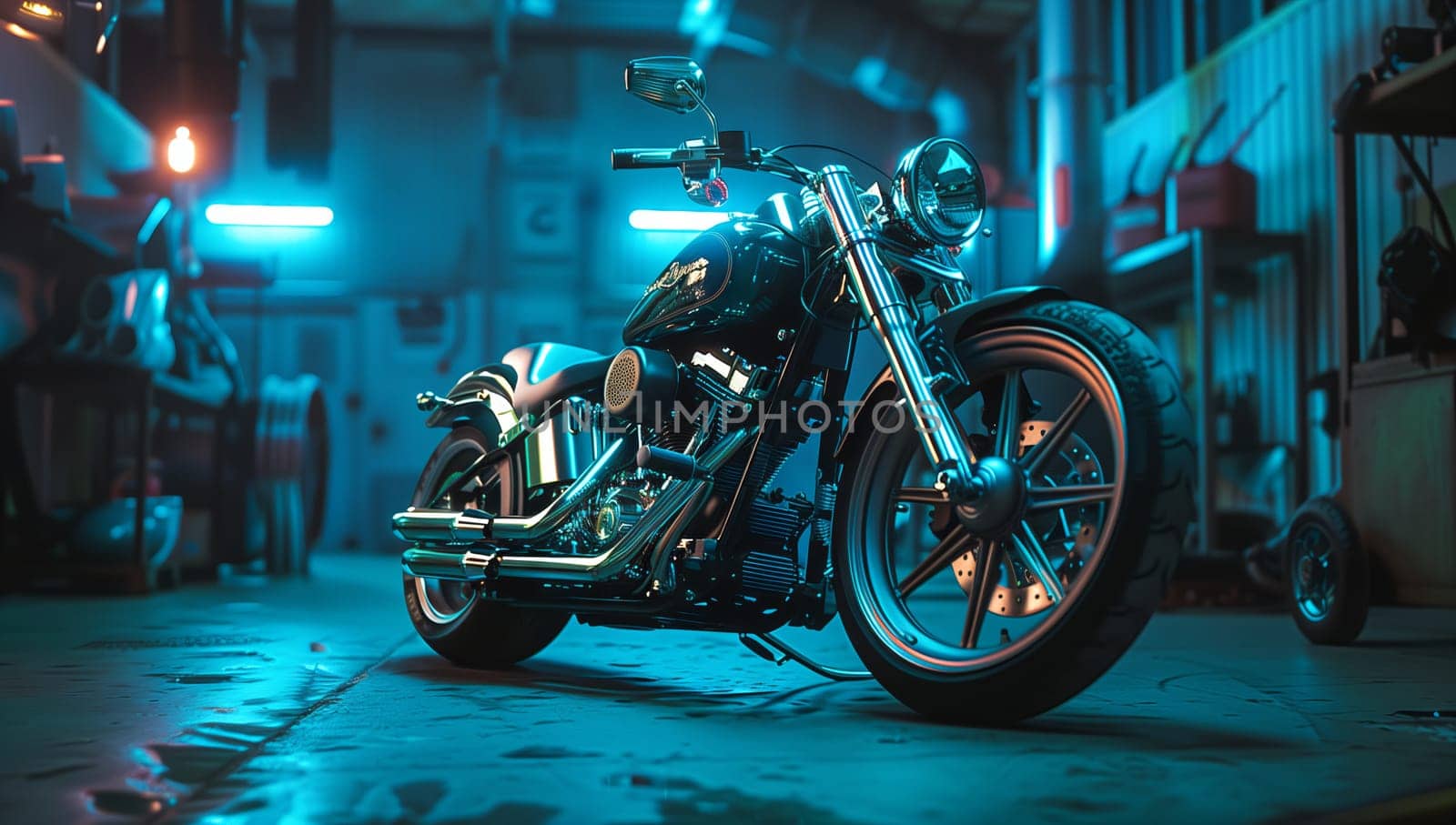 A motorcycle with a Tire, Wheel, Rim, Fender, and Automotive lighting is parked in a garage at night. It is a Motor vehicle and a Mode of transport
