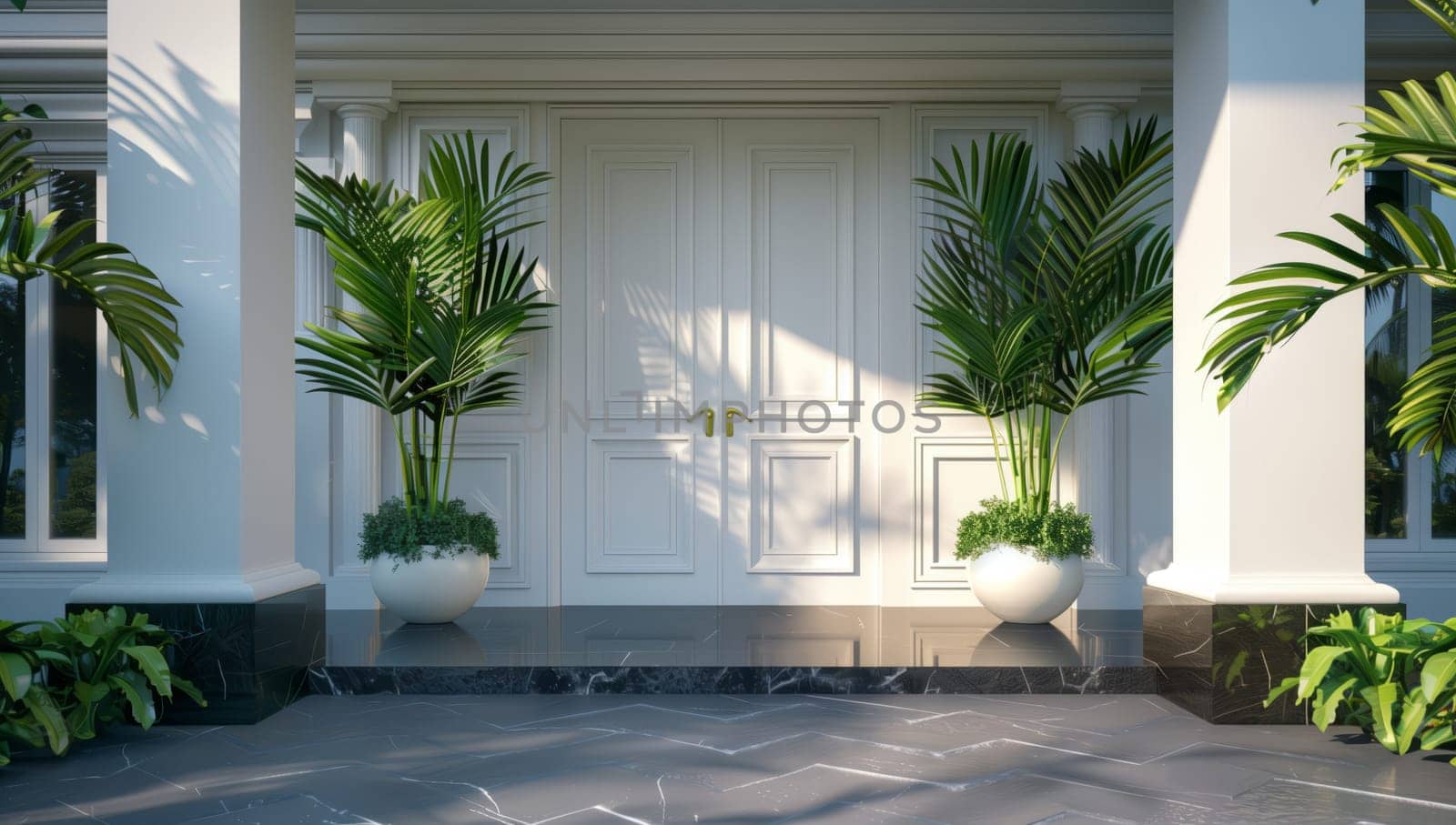 A white door stands in front of a building with palm trees surrounding it, creating a tropical oasis. The property features lush green grass and asphalt flooring