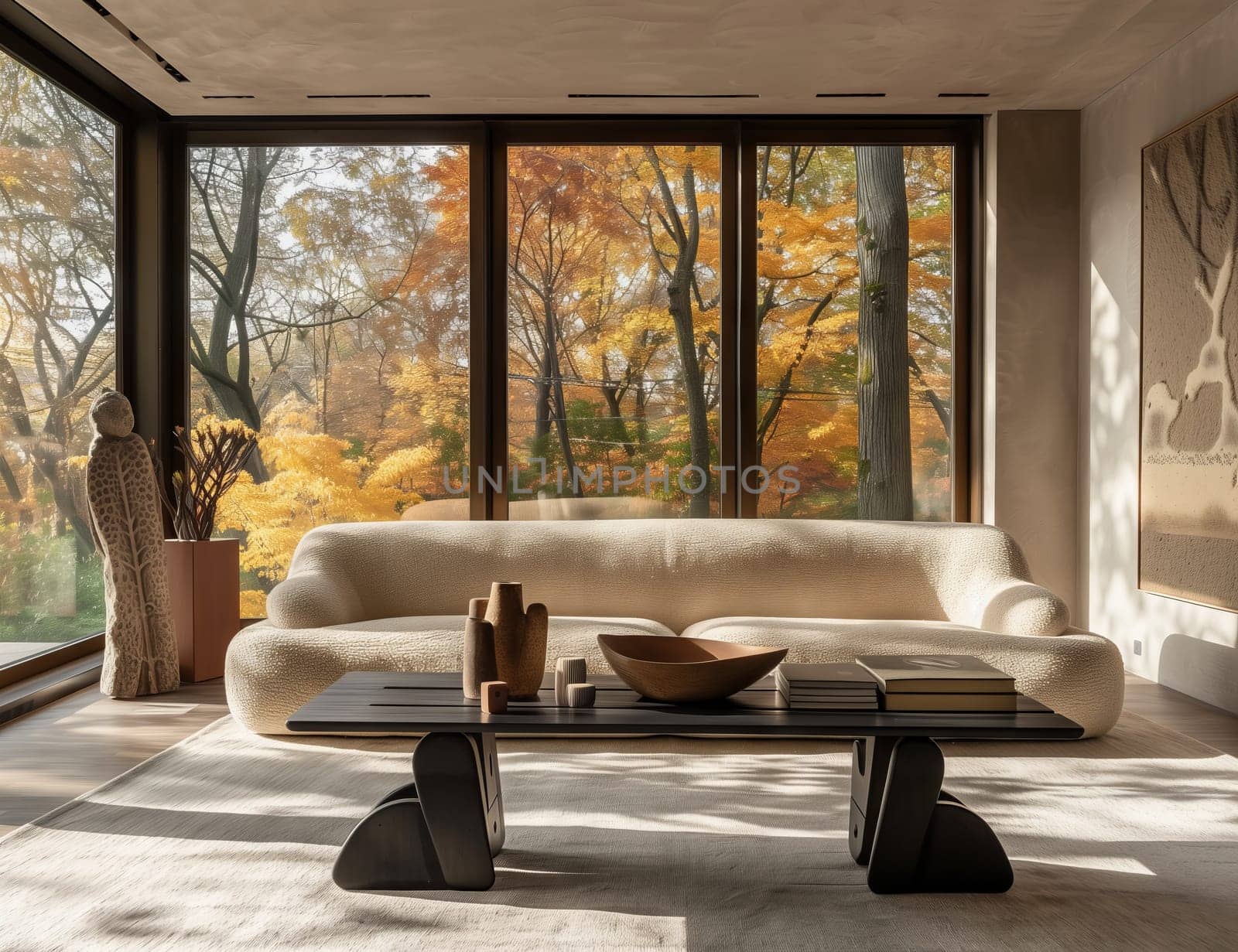 A cozy living room in a building with wood flooring, a comfortable couch, a stylish coffee table, and large windows providing natural light and shade