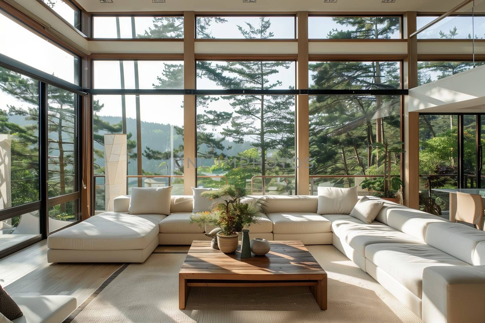 The buildings interior design features a living room filled with wood furniture, large windows offering plenty of natural light, and shades for privacy