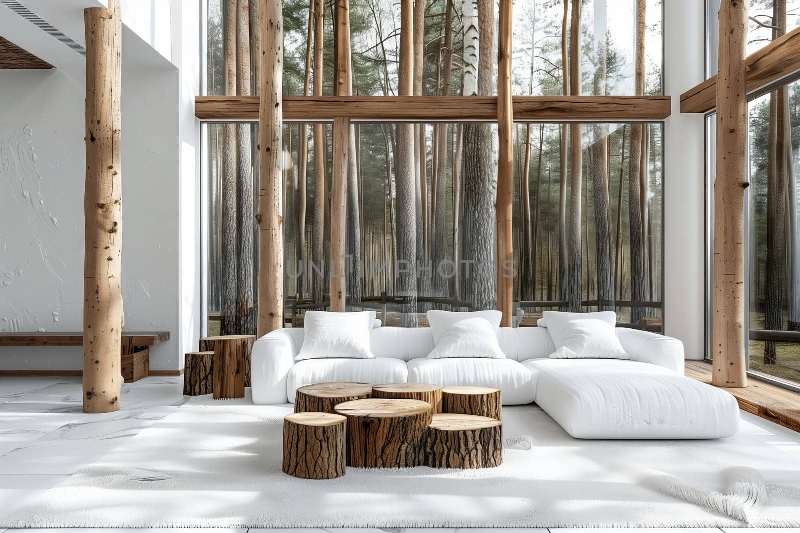 An interior design featuring a white couch and wooden stump coffee tables on a hardwood floor in a living room with large windows