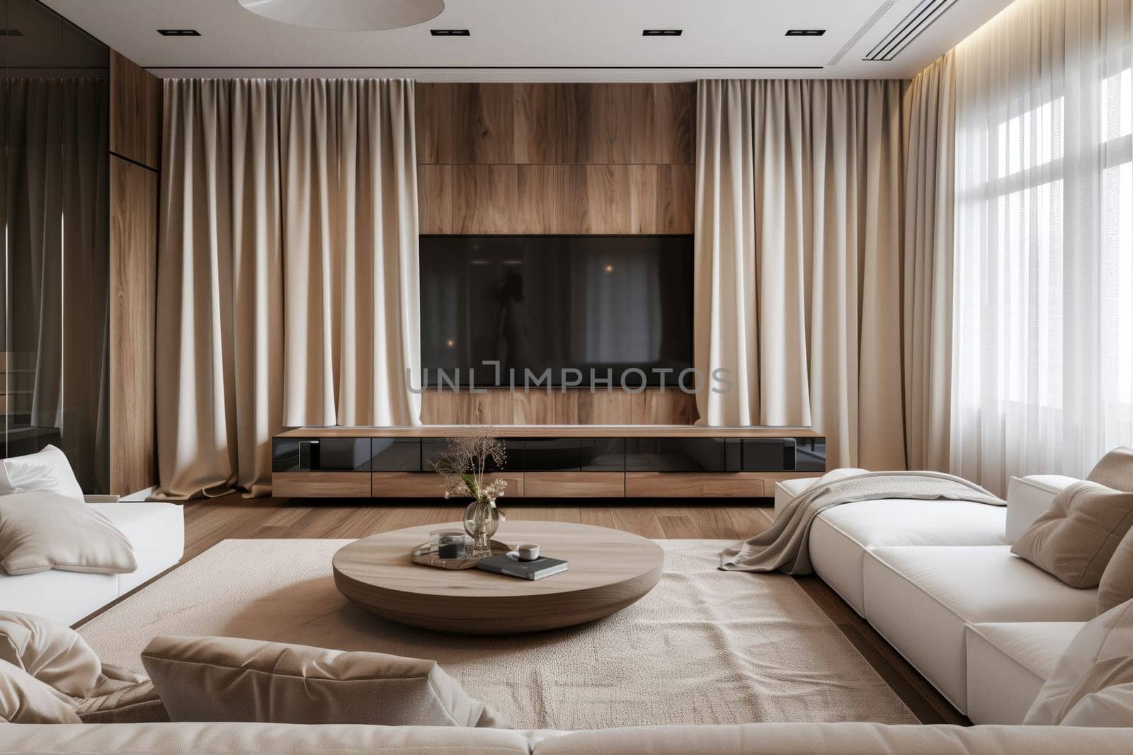 A cozy living room with brown furniture including a couch, coffee table, and television. The interior design features curtains, flooring, and comfort