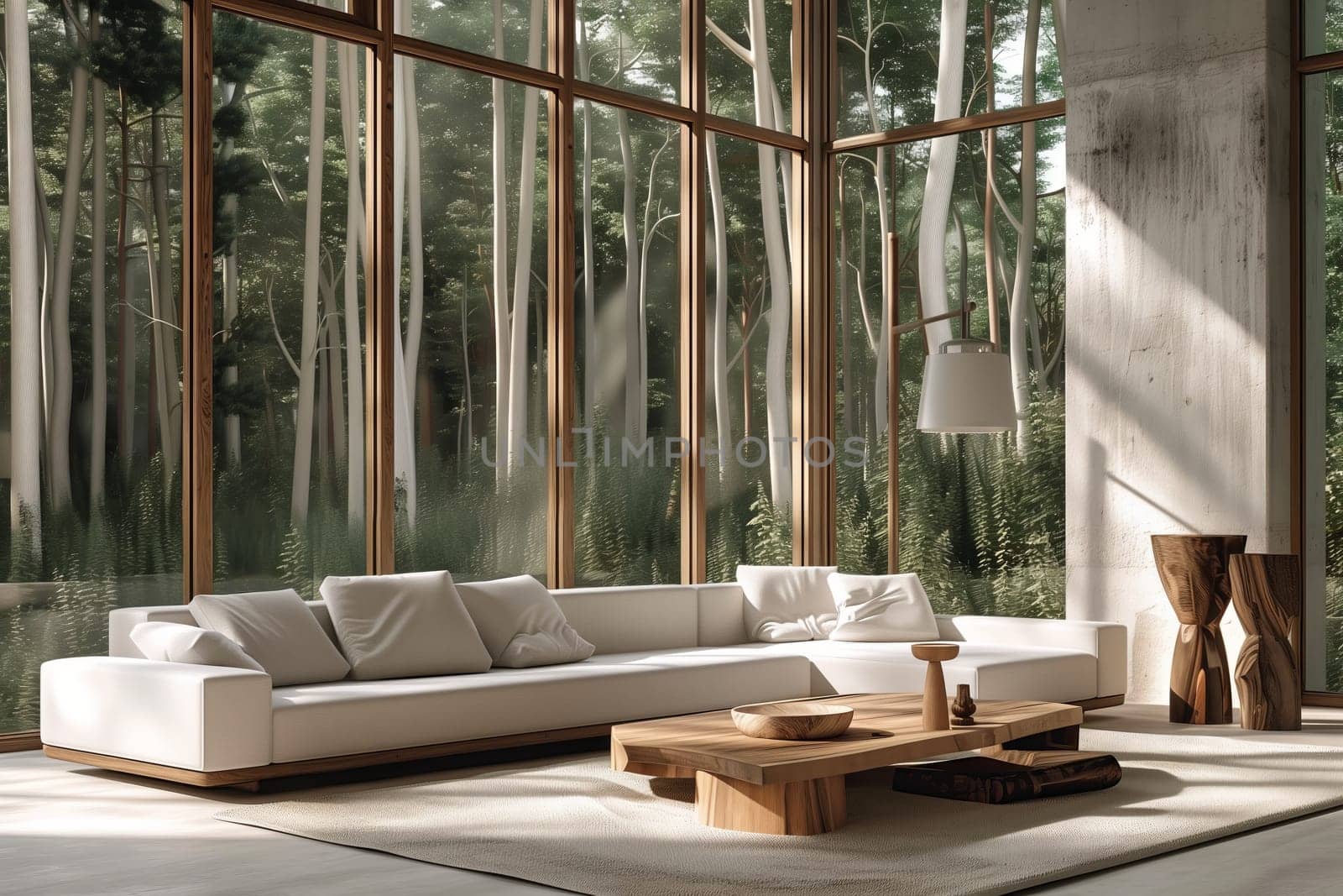 A living room in a house with hardwood flooring, a cozy couch, coffee table, and large windows offering views of the forest outside