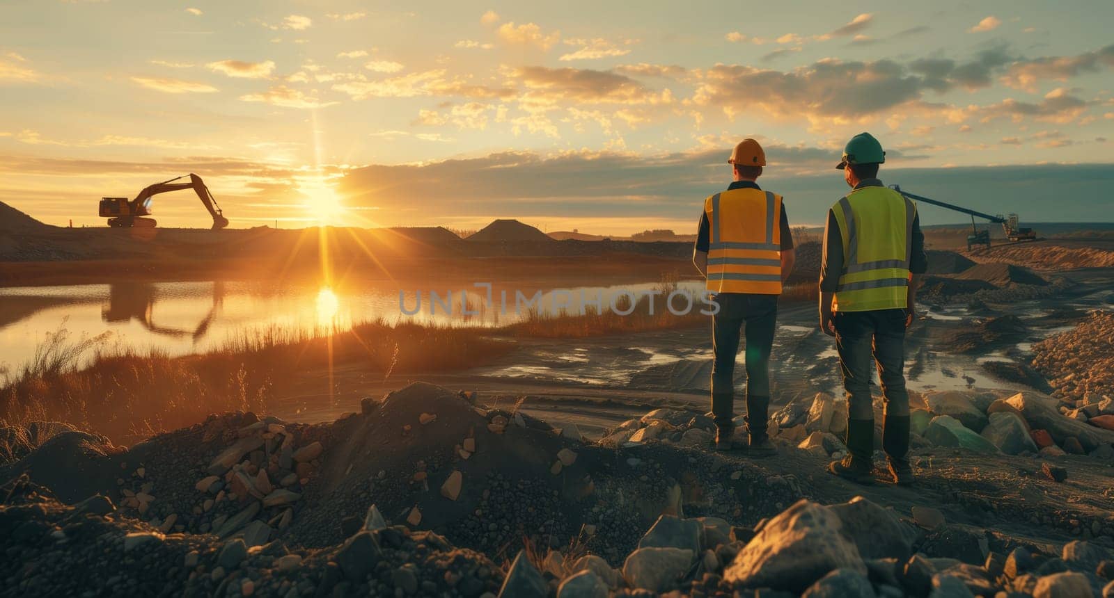 Two construction workers enjoy the sunset on a rocky hill, mesmerized by the stunning natural landscape with clouds painting the sky in hues of orange and pink