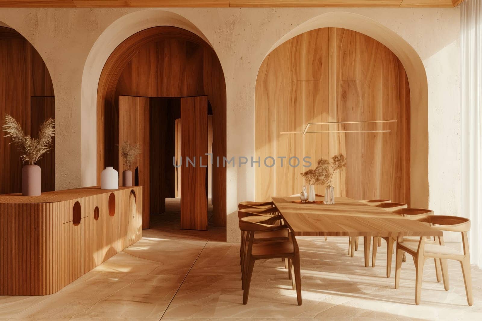 House with hardwood dining room furniture, table, chairs, and arches by richwolf