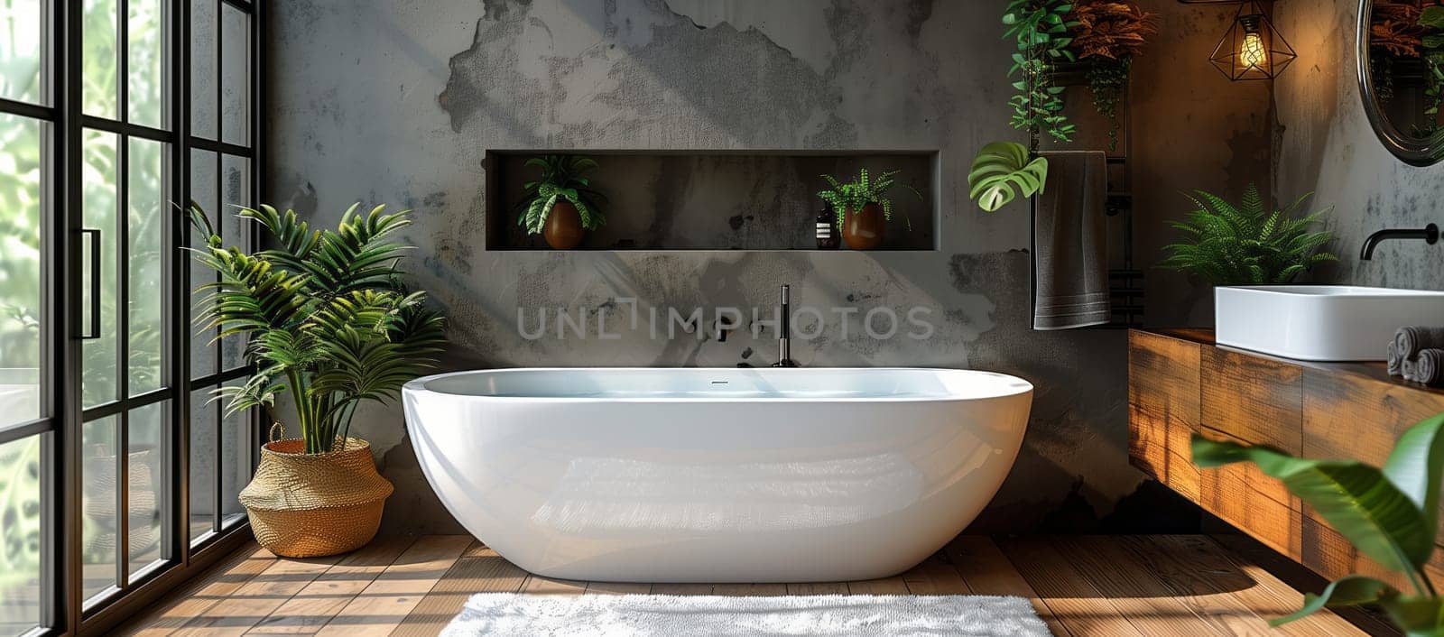 A bathroom in a house with a bathtub, sinks, and a large window overlooking the plantfilled garden. The flooring is hardwood, with a flowerpot on the wood rectangle serving as decoration