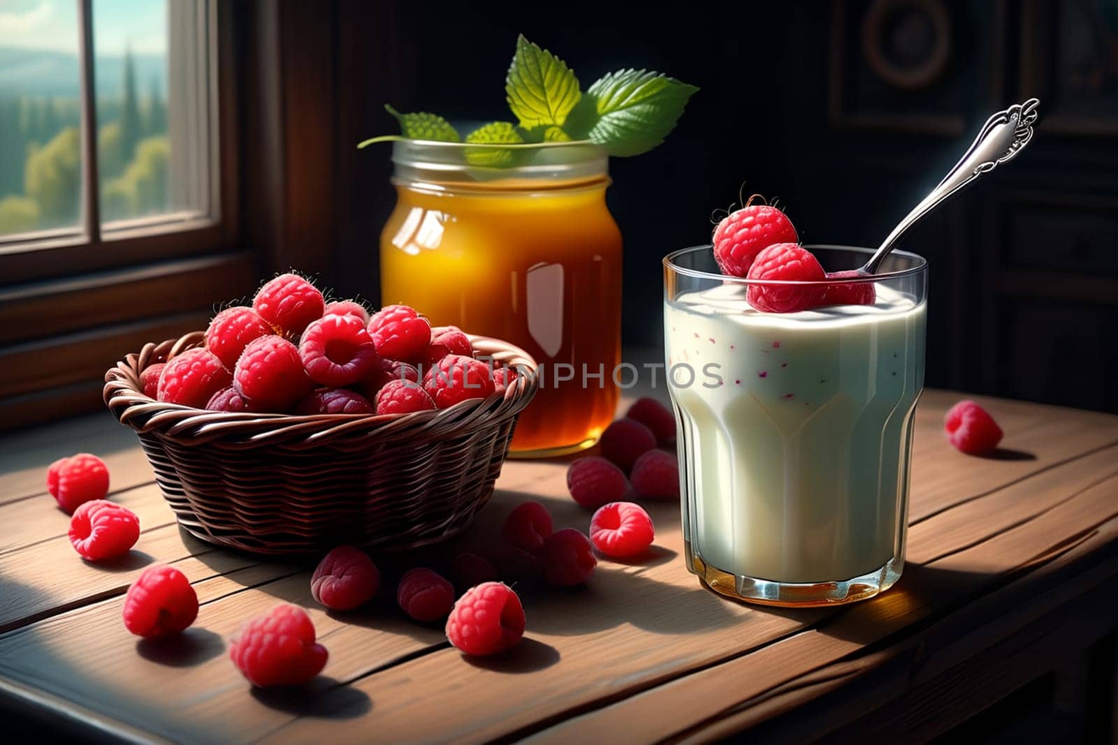 Sweet cooked homemade yogurt with fresh raspberries in a glass . AI generated image.