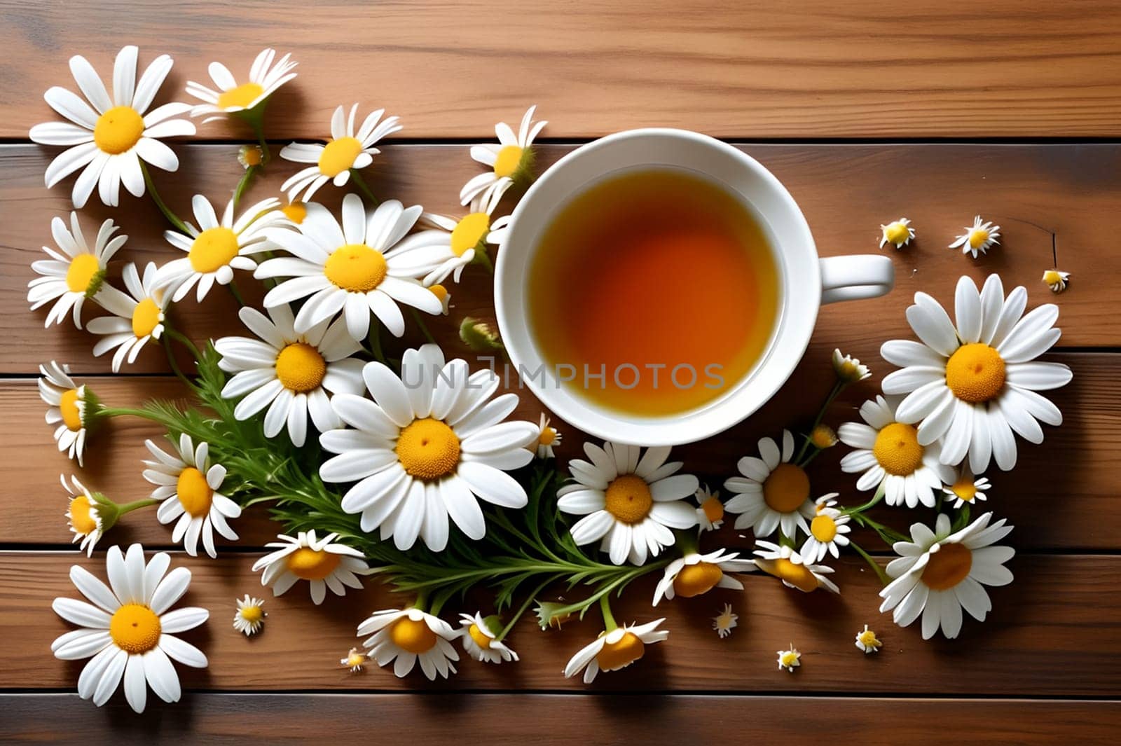 chamomile tea in a glass cup with flowers. AI generated image.