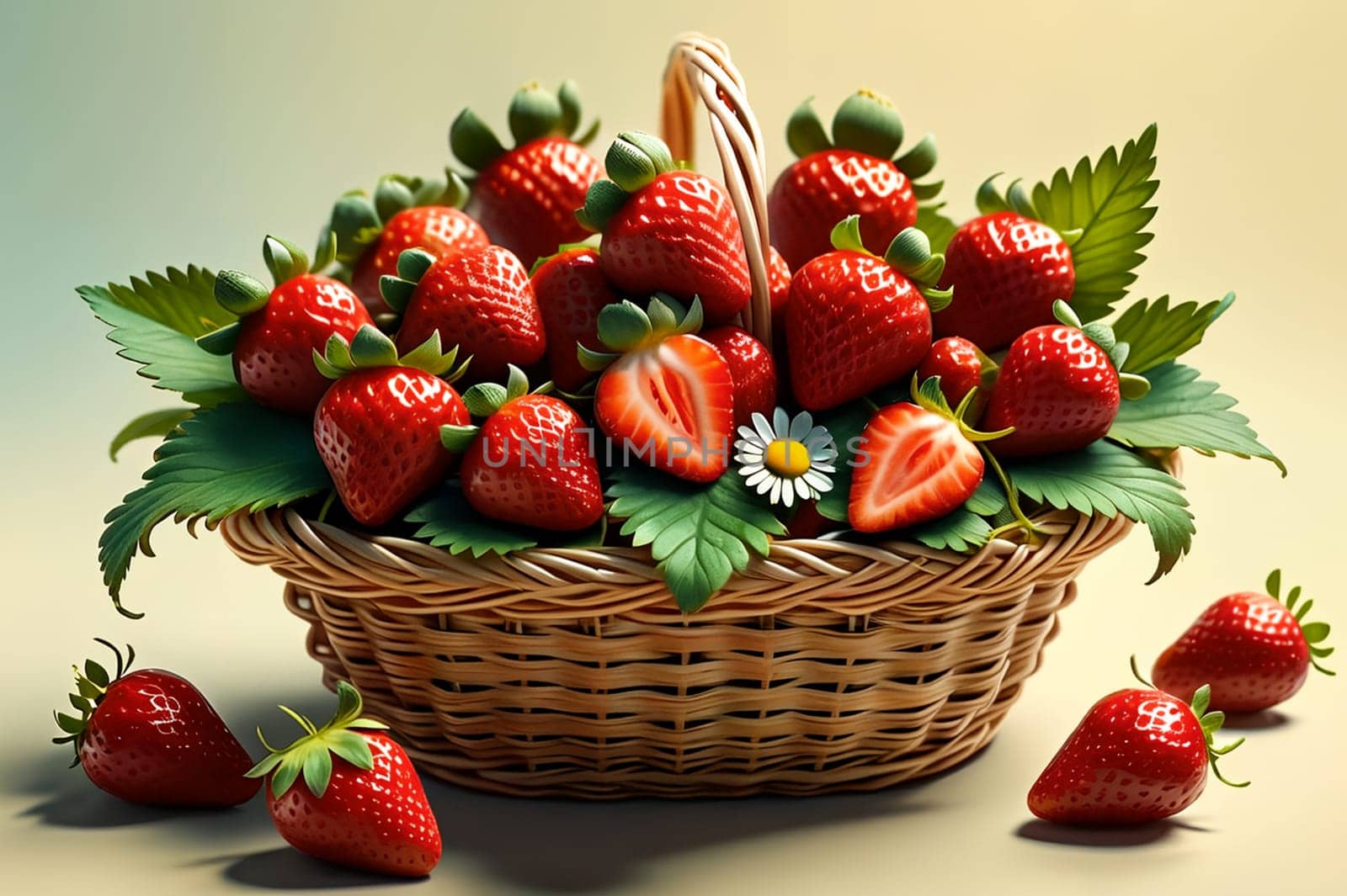 Basket with fresh strawberries. AI generated image.