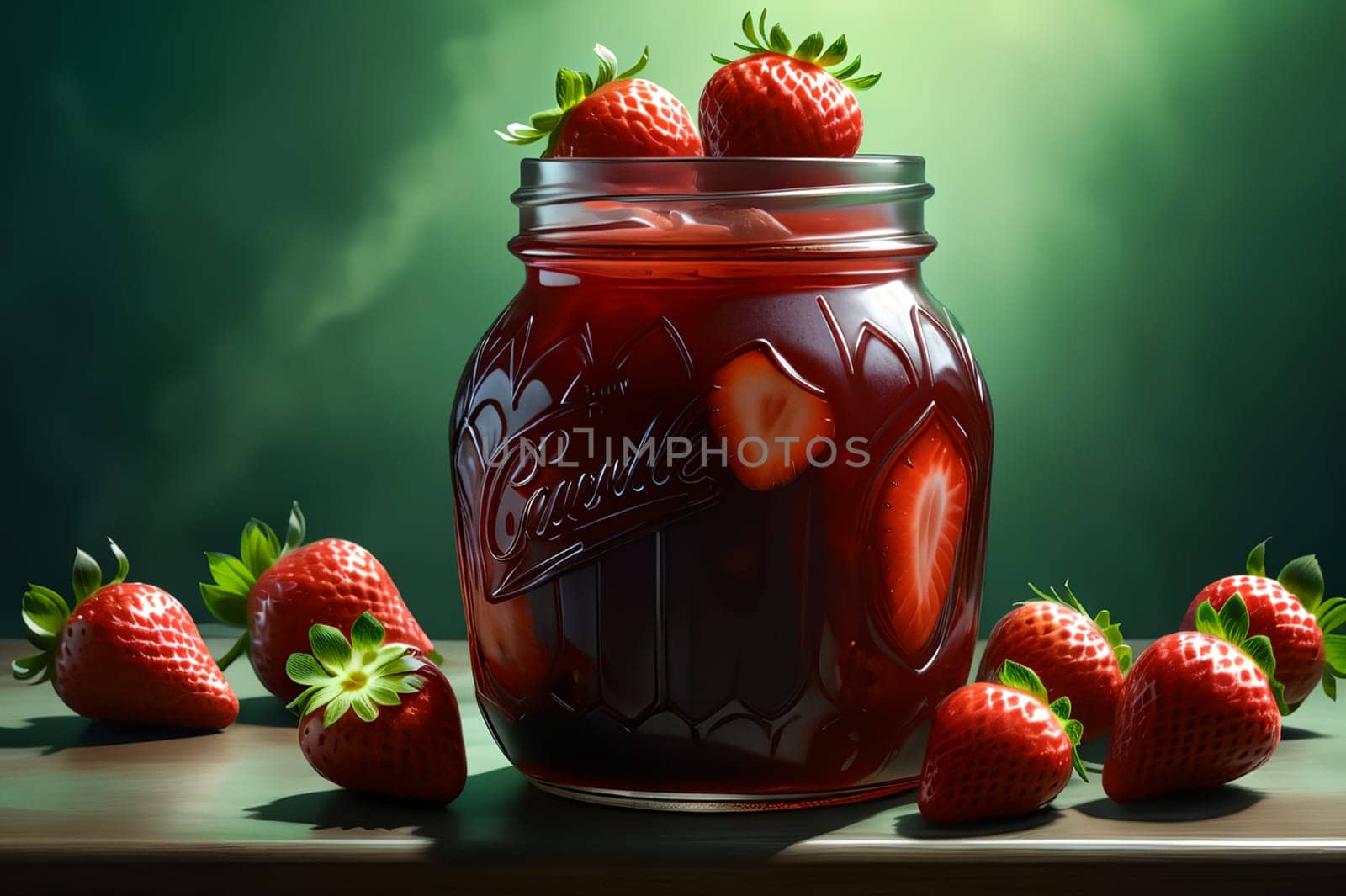 strawberry jam on green background. AI generated image.