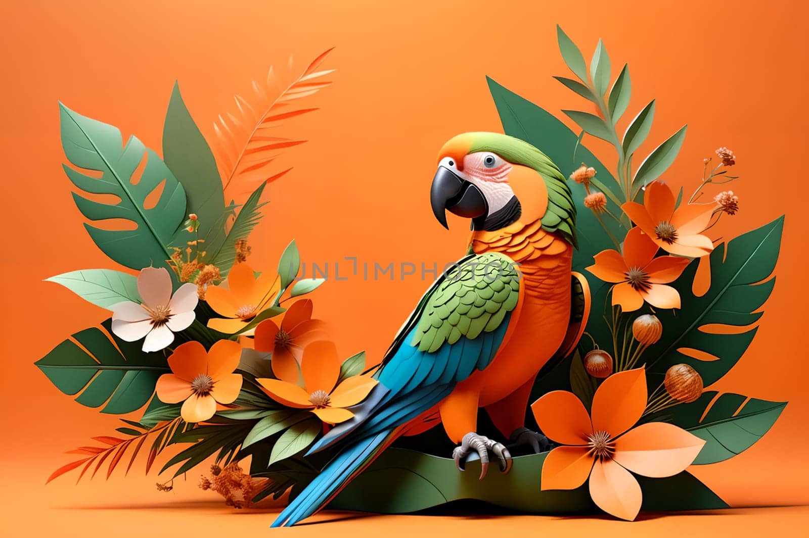 a beautiful colored parrot sits on a branch with flowers, 3D. AI generated image.