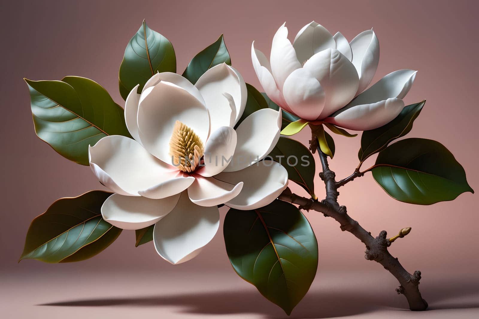 White magnolia isolated on pink background . AI generated image.
