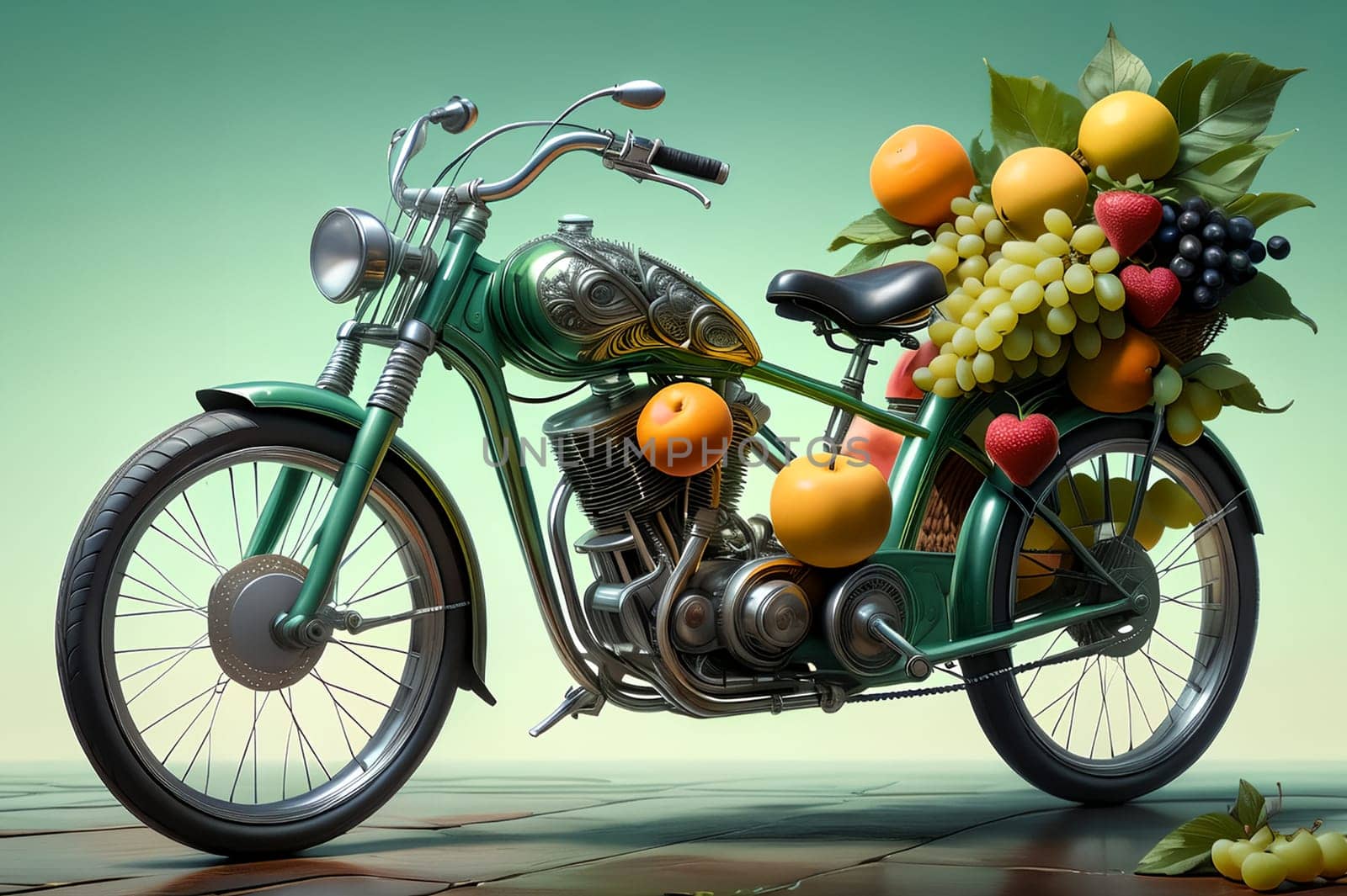 bike with lots of fruits . AI generated image.