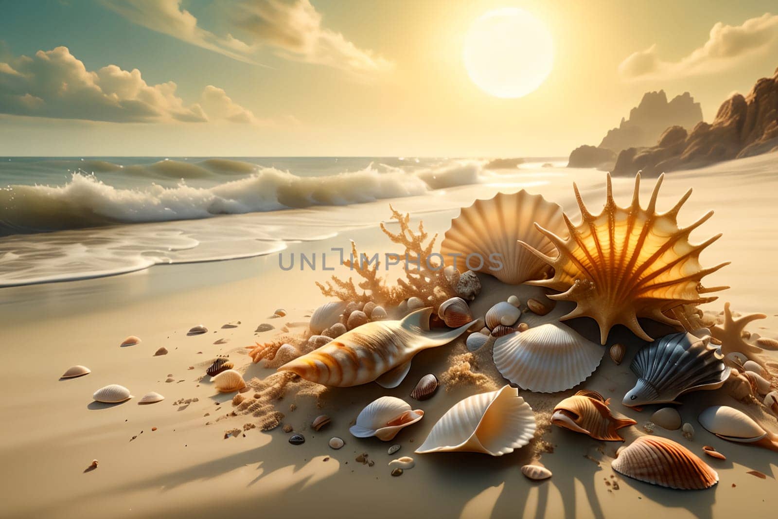 abstract background of seashells against the backdrop of the sea. AI generated image.