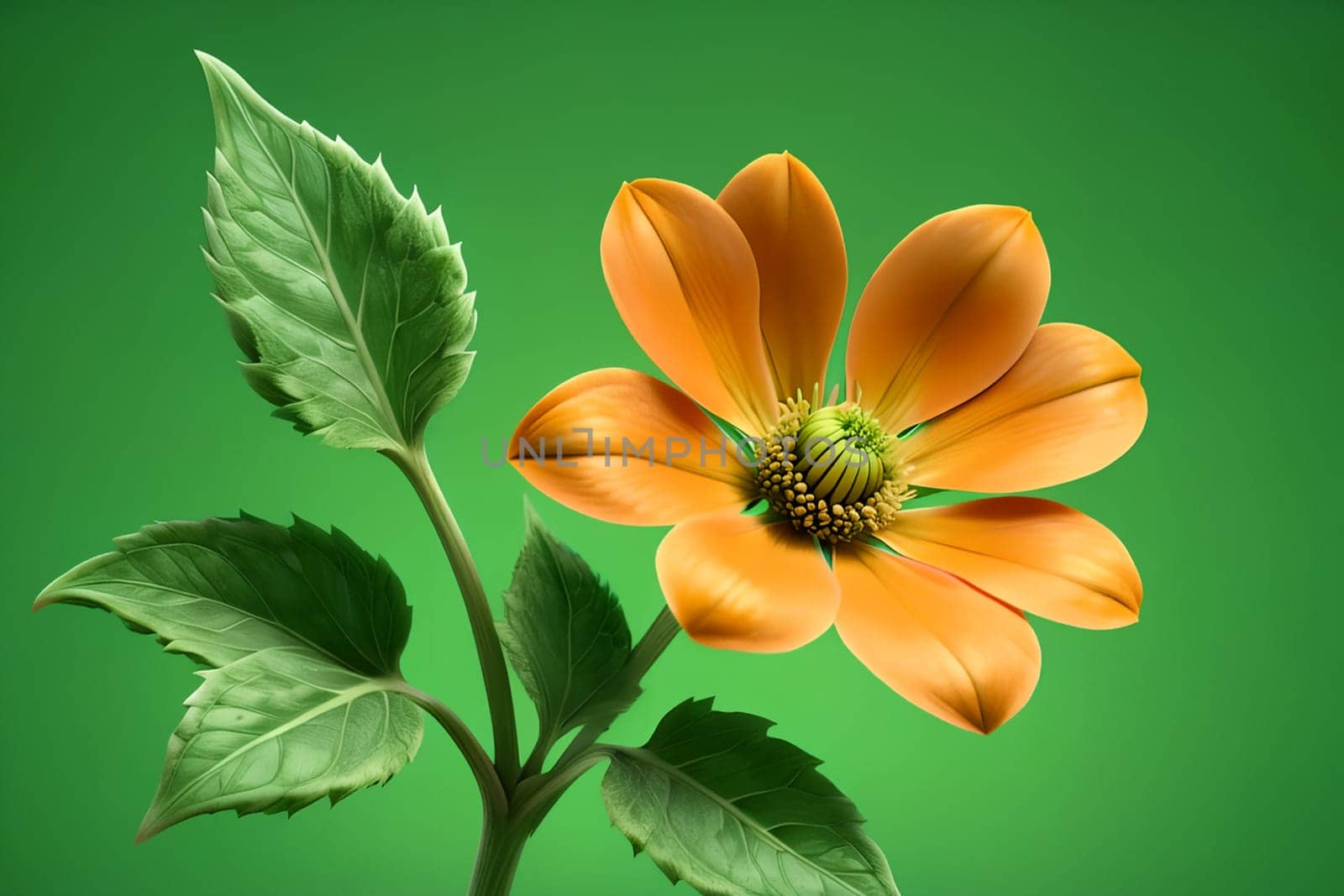unusual orange flower with green foliage, isolated on green background