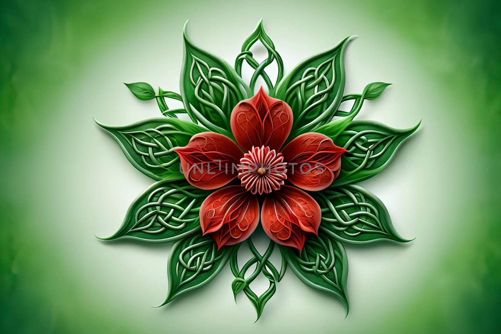 unusual multicolor flower with green foliage, isolated on green background