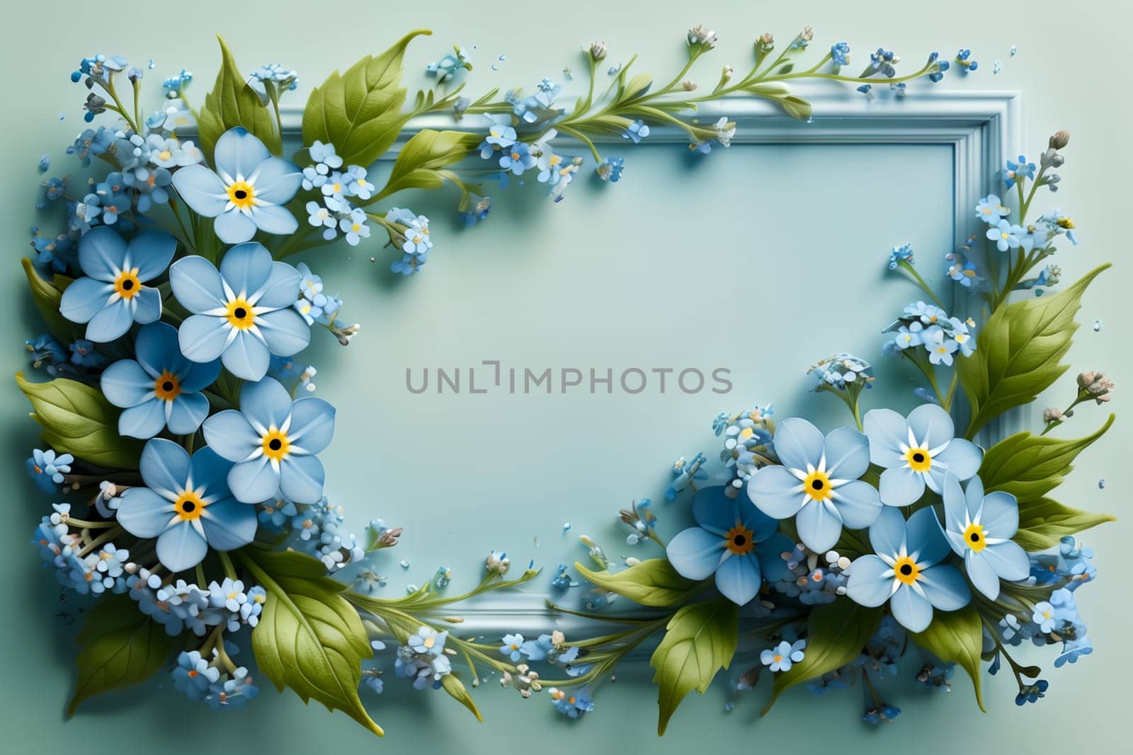 Bouquet of colorful bright flowers forget-me-not , isolated on a blue background.