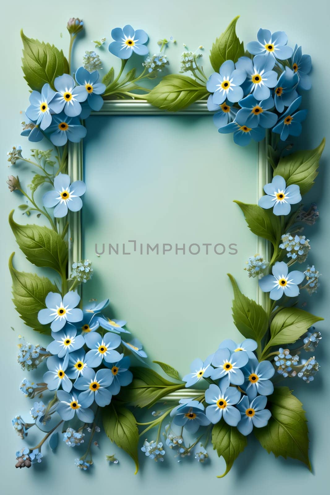 Bouquet of colorful bright flowers forget-me-not , isolated on a blue background.