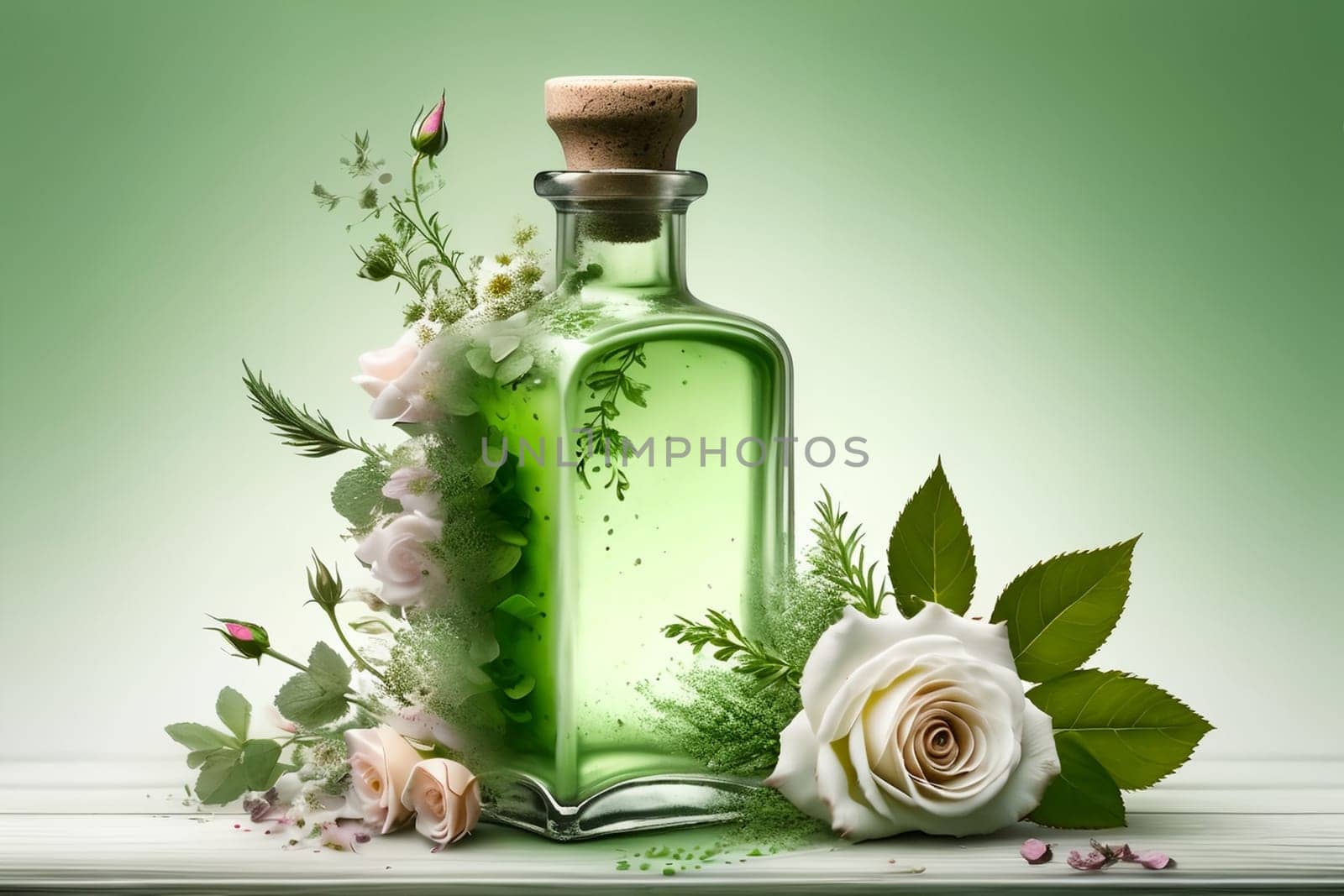 tincture of herbs and flowers in a bottle isolated on a green background