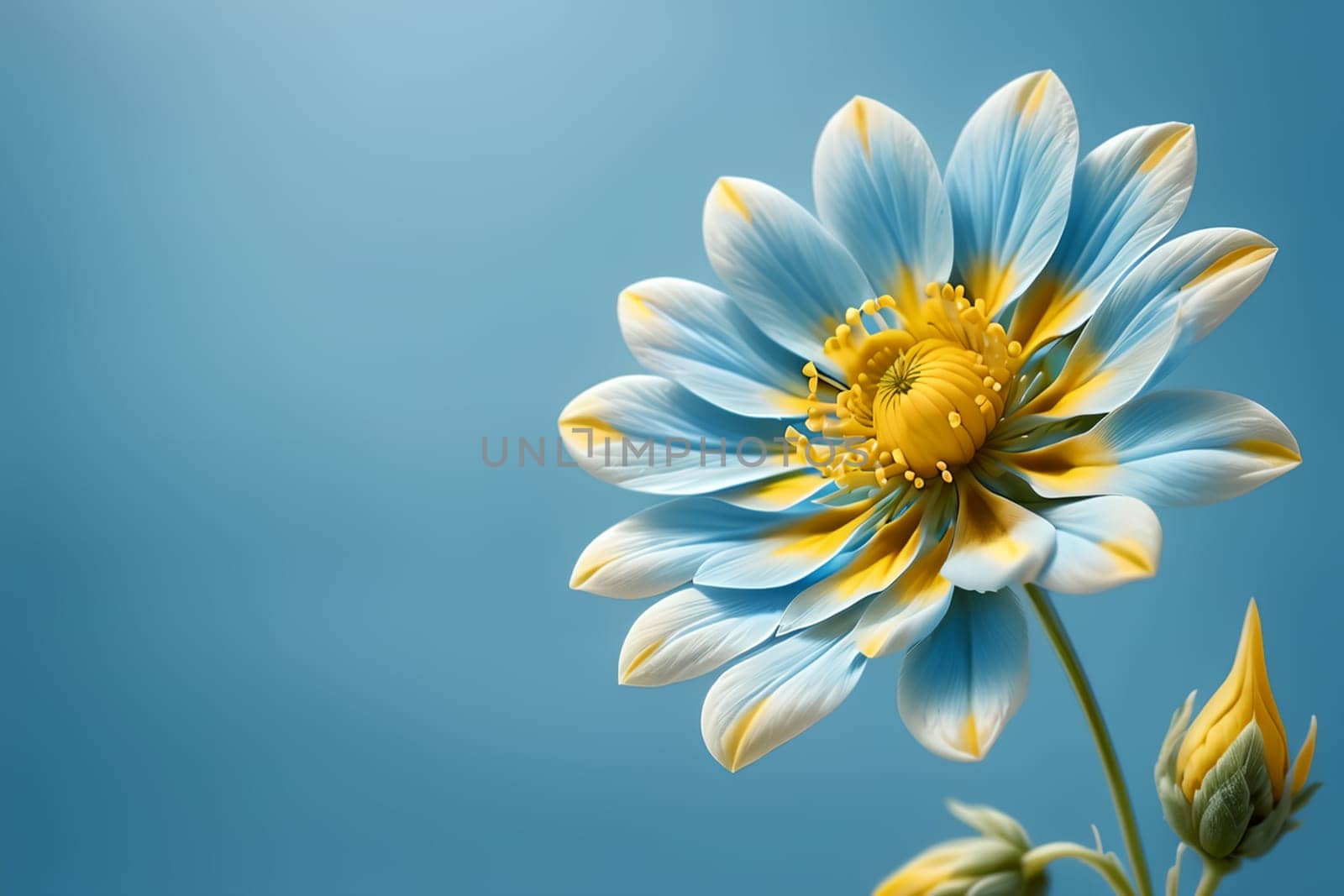 yellow blue flower isolated on a blue background.