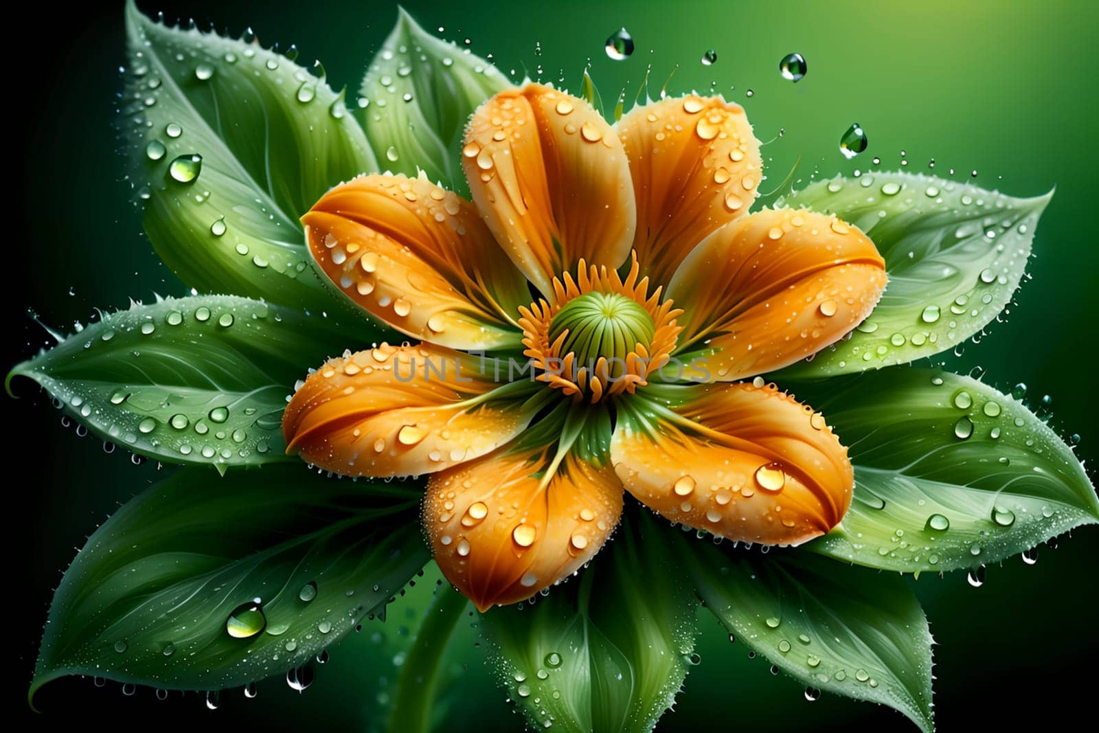 unusual orange flower with green foliage, isolated on green background