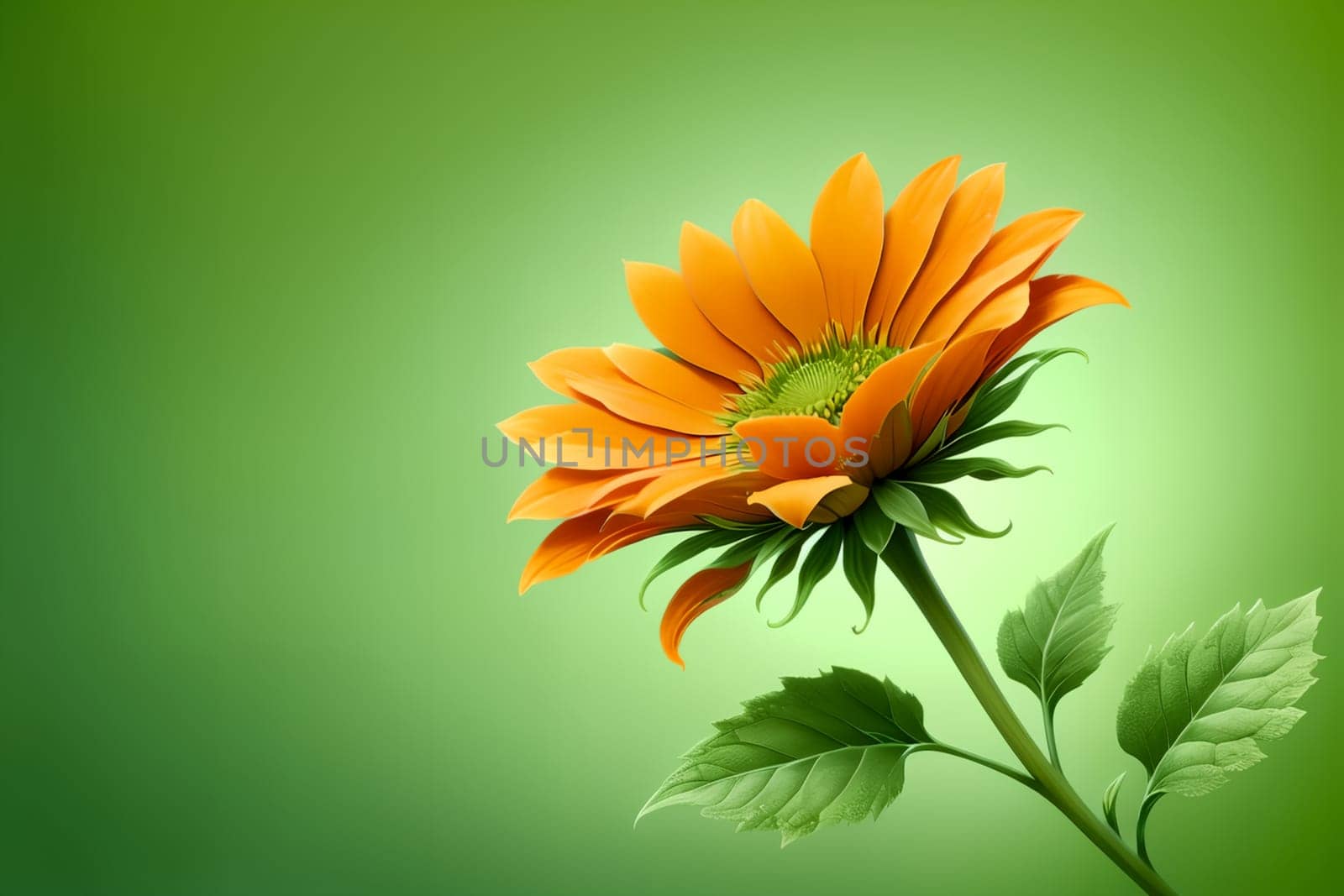 unusual orange flower with green foliage, isolated on green background