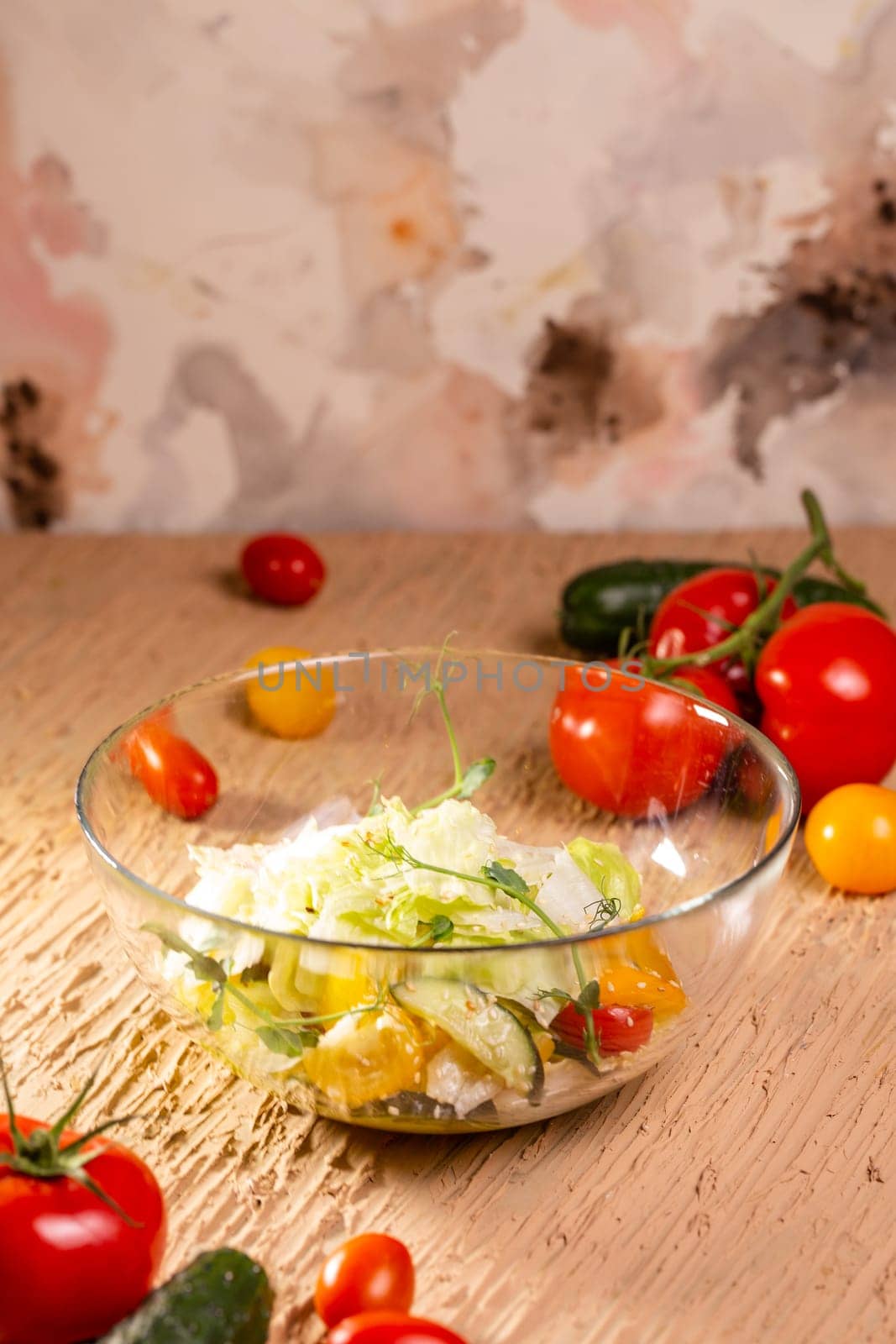 Vegetable Salad Bowl with Tomatoes, Cucumbers, Lettuce, Carrots, Greens by Pukhovskiy