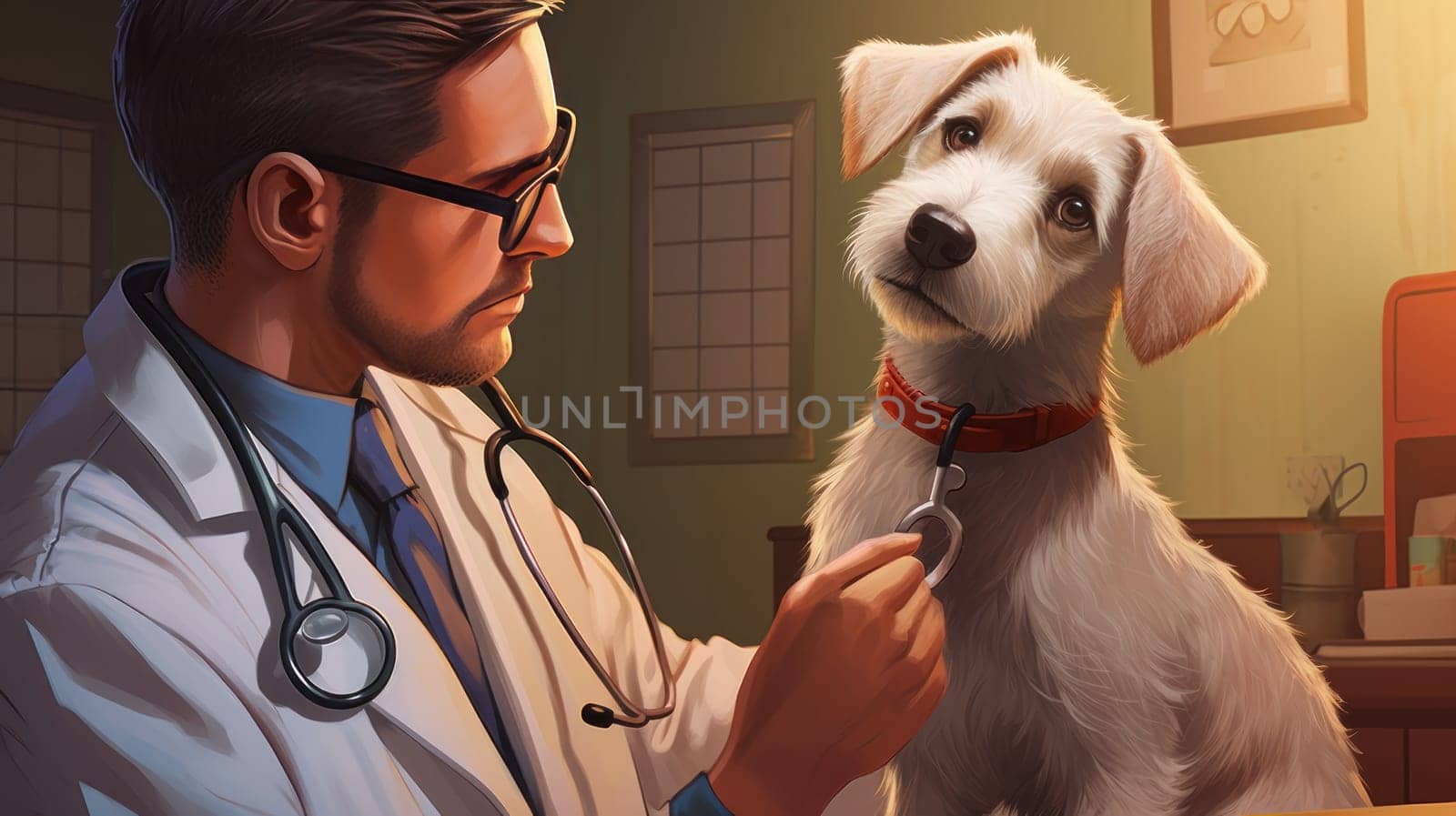 A cute veterinarian examines the dog, takes the temperature and takes tests at the clinic for diseases. Pet care and grooming concept.