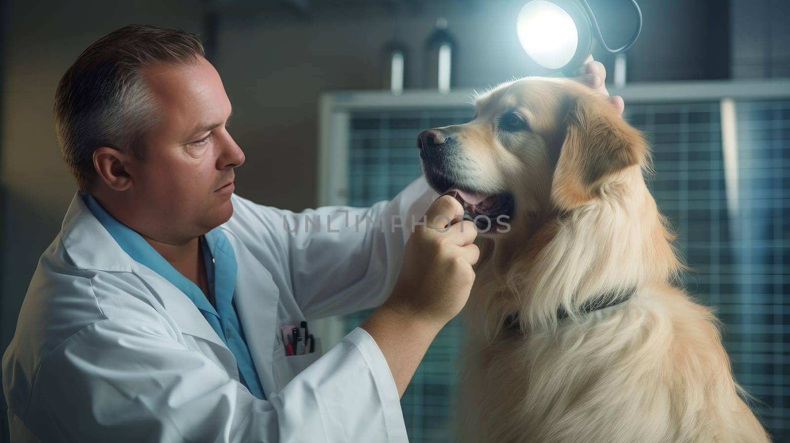 A cute veterinarian examines the dog, takes the temperature and takes tests at the clinic for diseases. Pet care and grooming concept.