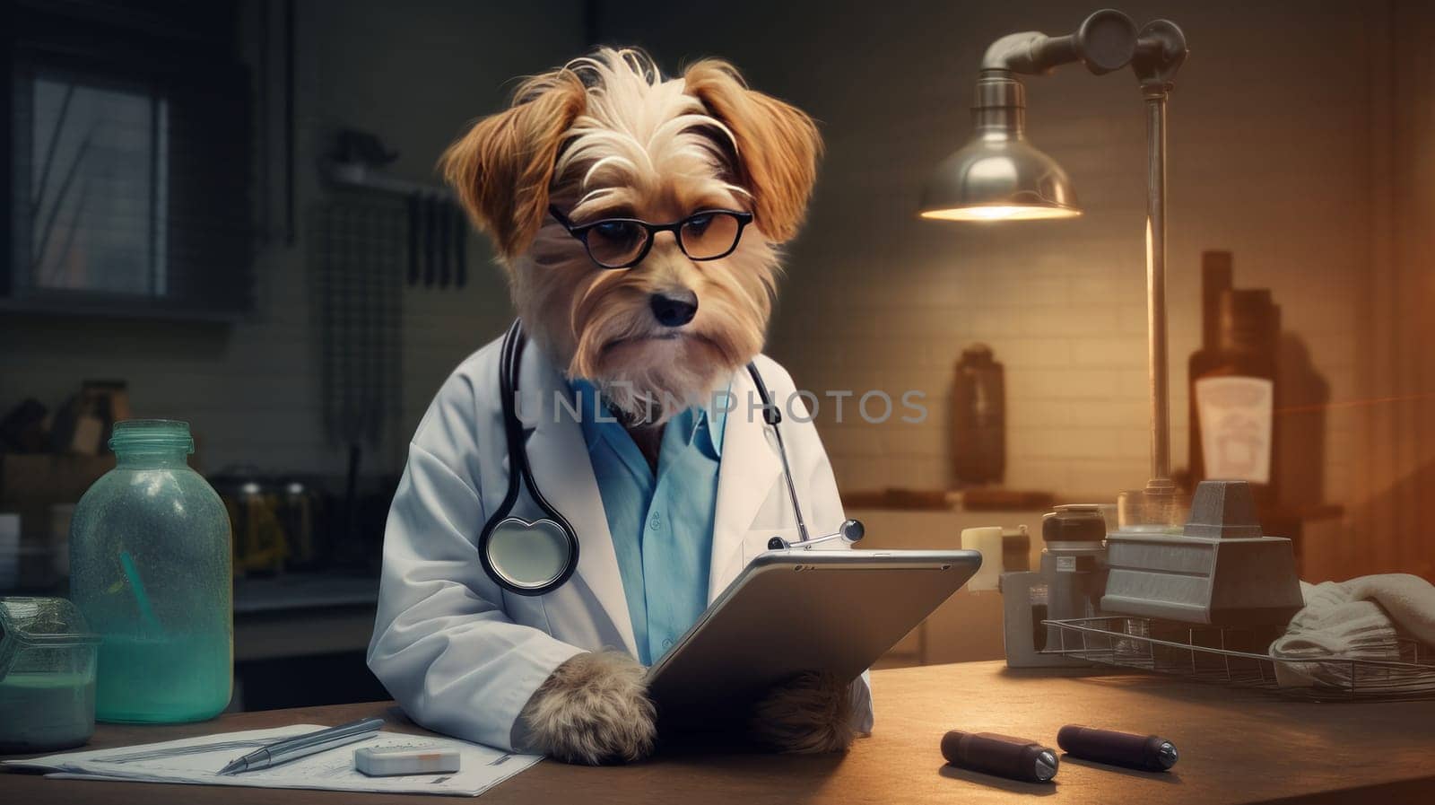 A cute dog in a doctor's costume sits at a table with a tablet in his paws in a veterinary clinic. by Alla_Yurtayeva
