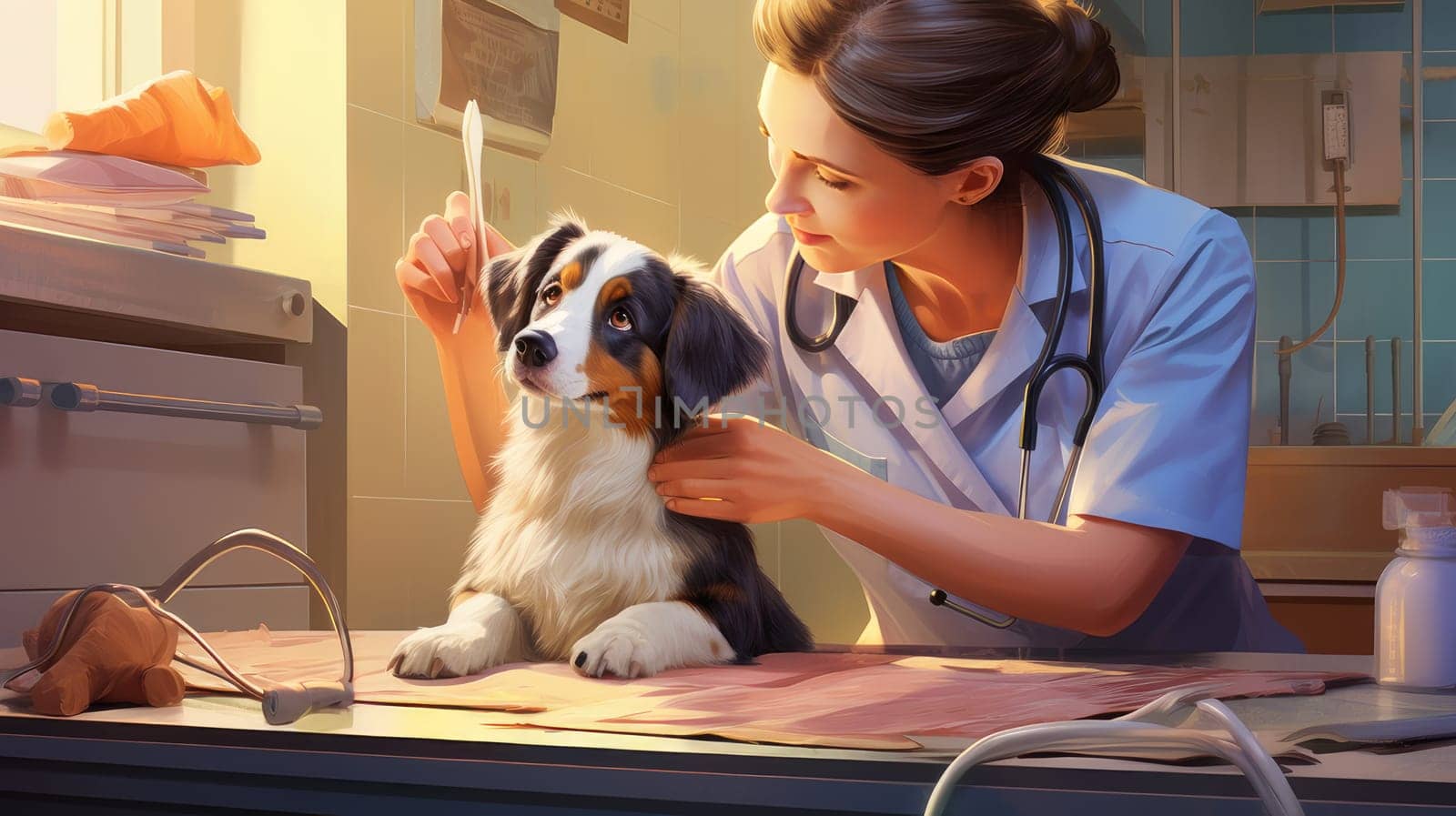 A cute veterinarian examines the dog, takes the temperature and takes tests at the clinic for diseases. by Alla_Yurtayeva