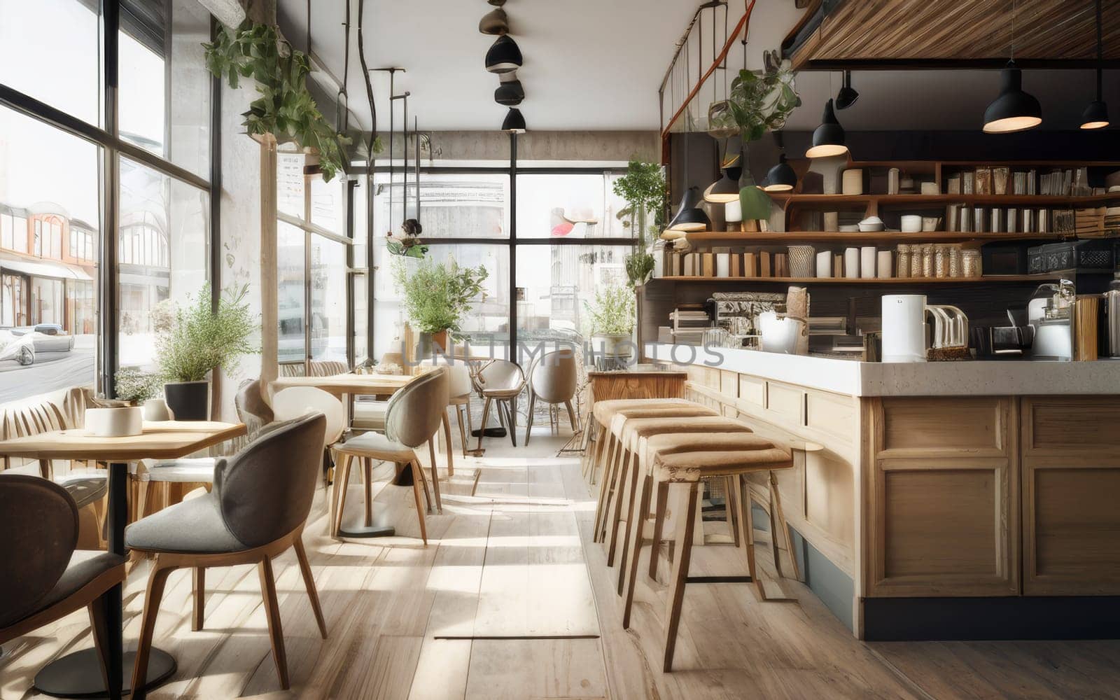 Cozy modern cafe interior design. Fashionable Scandinavian cozy interior of restaurant or cafe in neutral light colors with tables and bar counter.