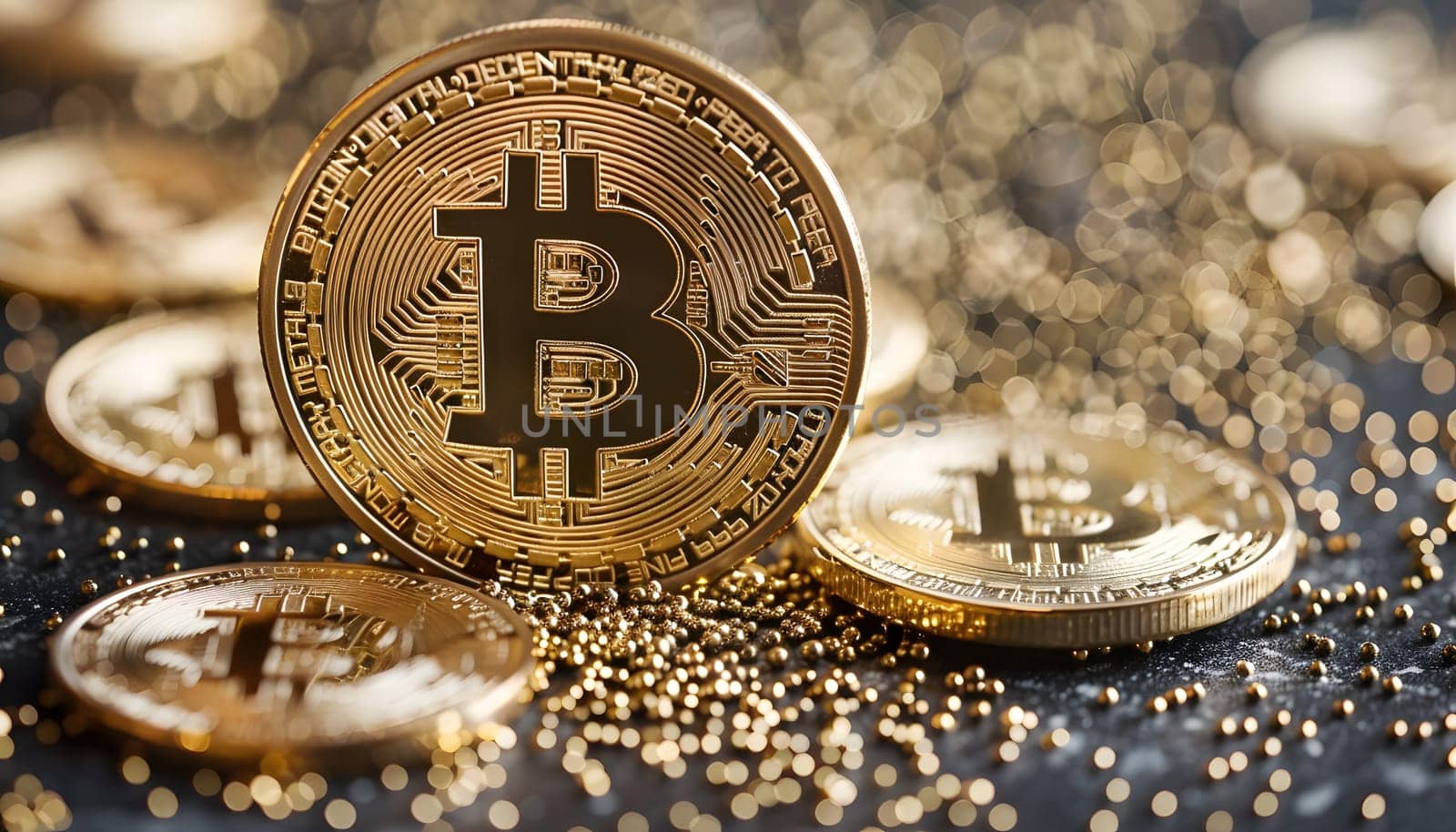 Closeup of a bitcoin positioned on a stack of gold coins, blending digital currency with traditional metal money in a stylish fashion accessory