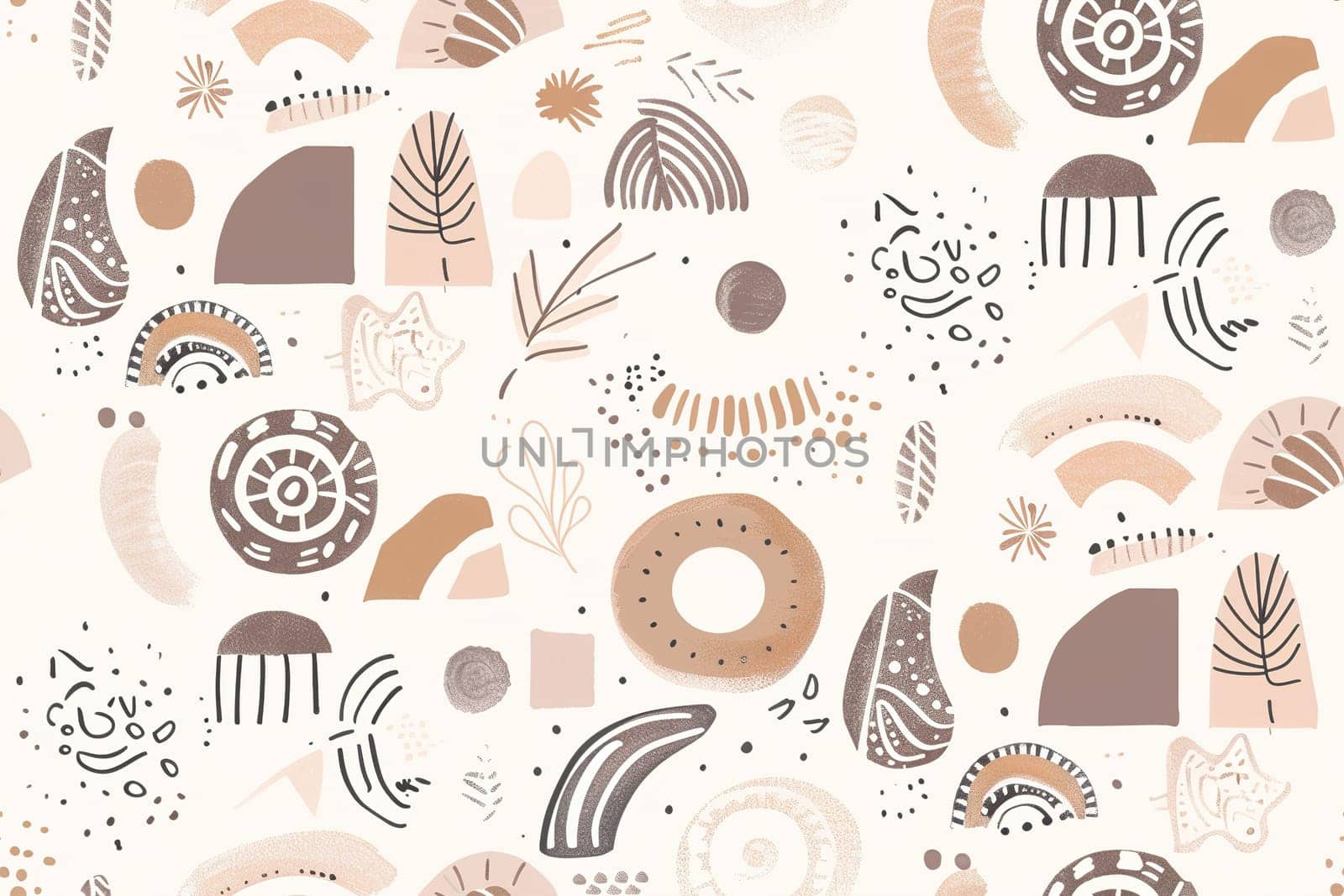 Playful, bohemian baby seamless pattern boasts adorable shapes in a beige palette, perfect for textiles, stationery, and nursery decor, exuding a cozy and modern charm. Generative AI. by creativebird
