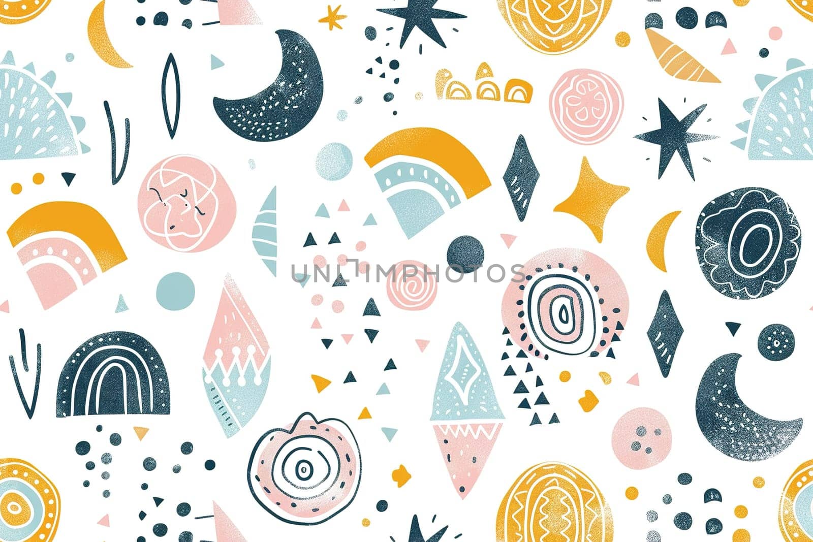 Charming bohemian pattern featuring cute, playful shapes perfect for nursery decor, children's apparel, and creative backgrounds, blending whimsy with modern style. Generative AI