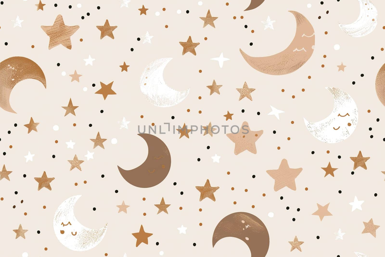 Enchanting seamless pattern with moons, stars, and dots in a warm, neutral palette is perfect for children's textiles, wallpapers, and gift wrap, bringing a whimsical touch to any product. Generative AI