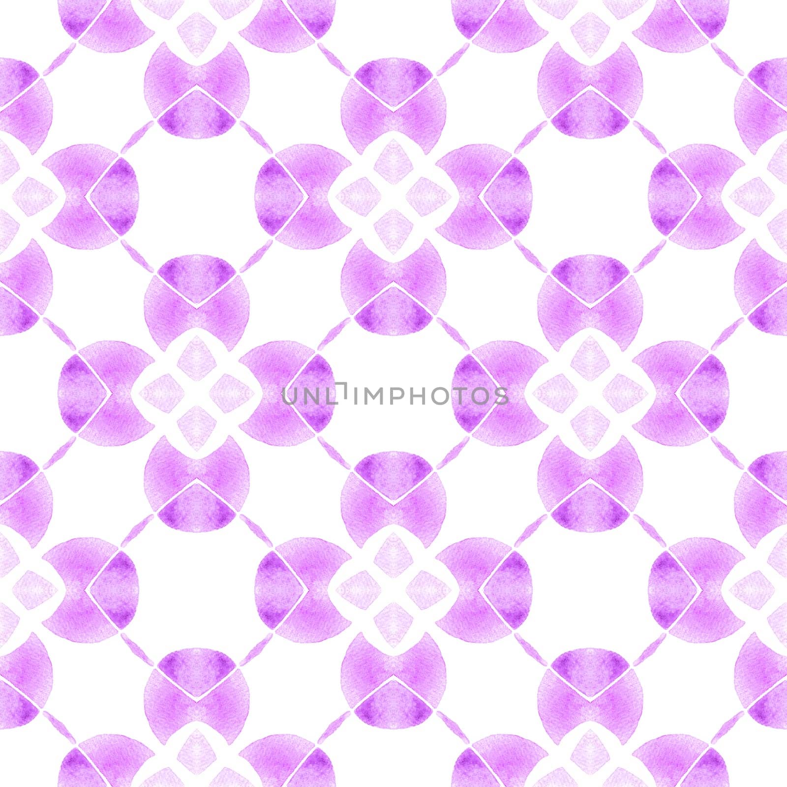 Watercolor ikat repeating tile border. Purple classic boho chic summer design. Textile ready lively print, swimwear fabric, wallpaper, wrapping. Ikat repeating swimwear design.