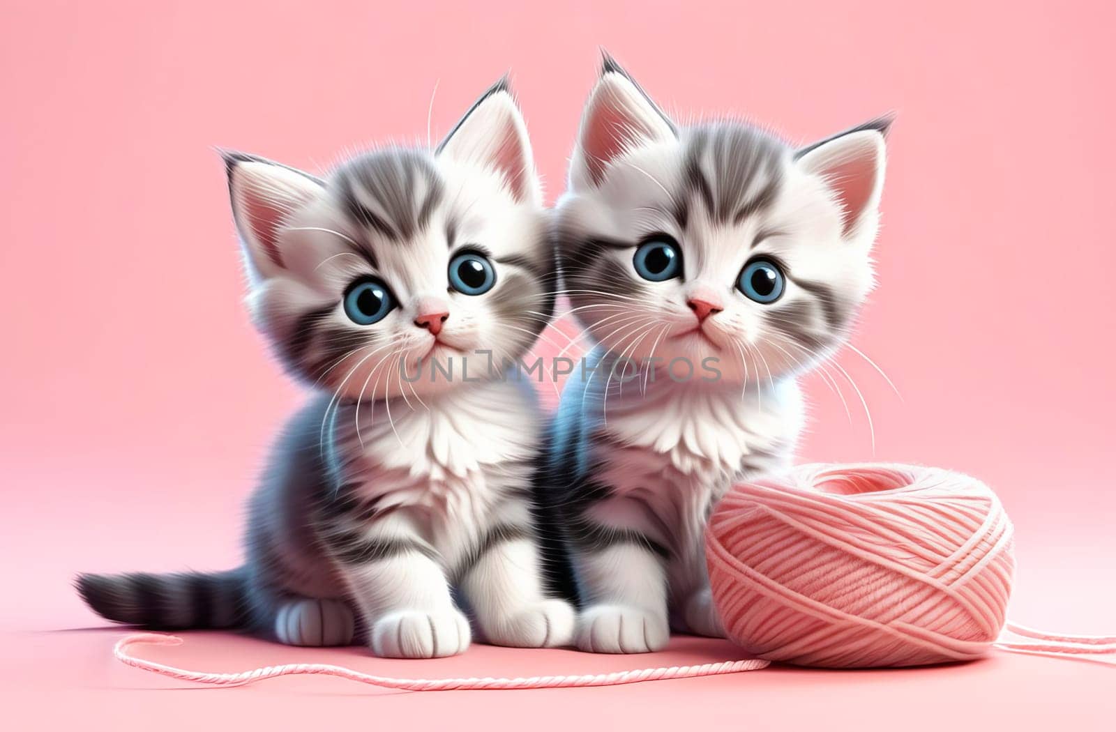 Cartoon kittens playing with skeins of yarn. AI generated. by OlgaGubskaya