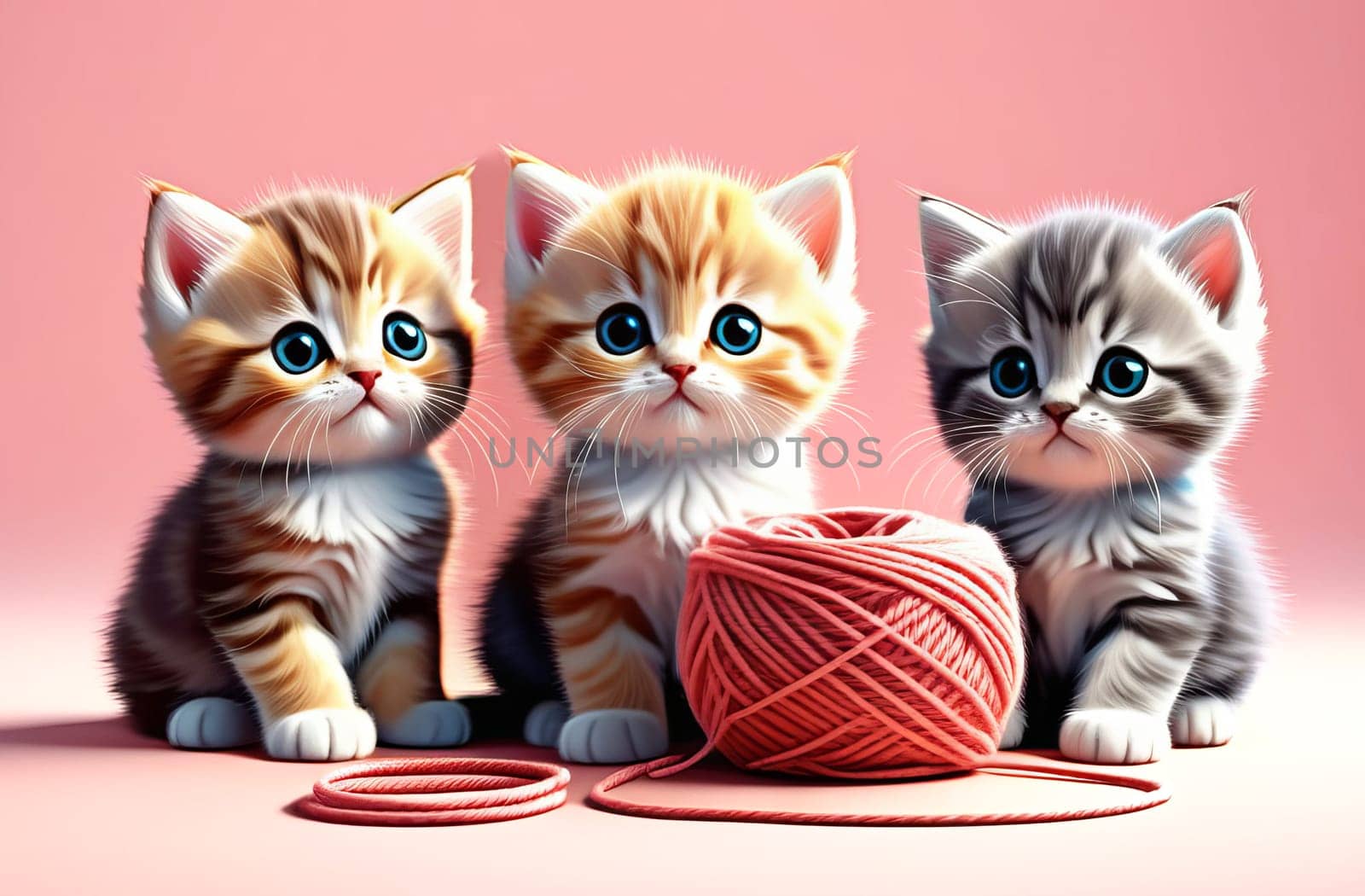 Adorable fluffy cartoon kittens playing with skeins of yarn on a background of pastel colors. AI generated.