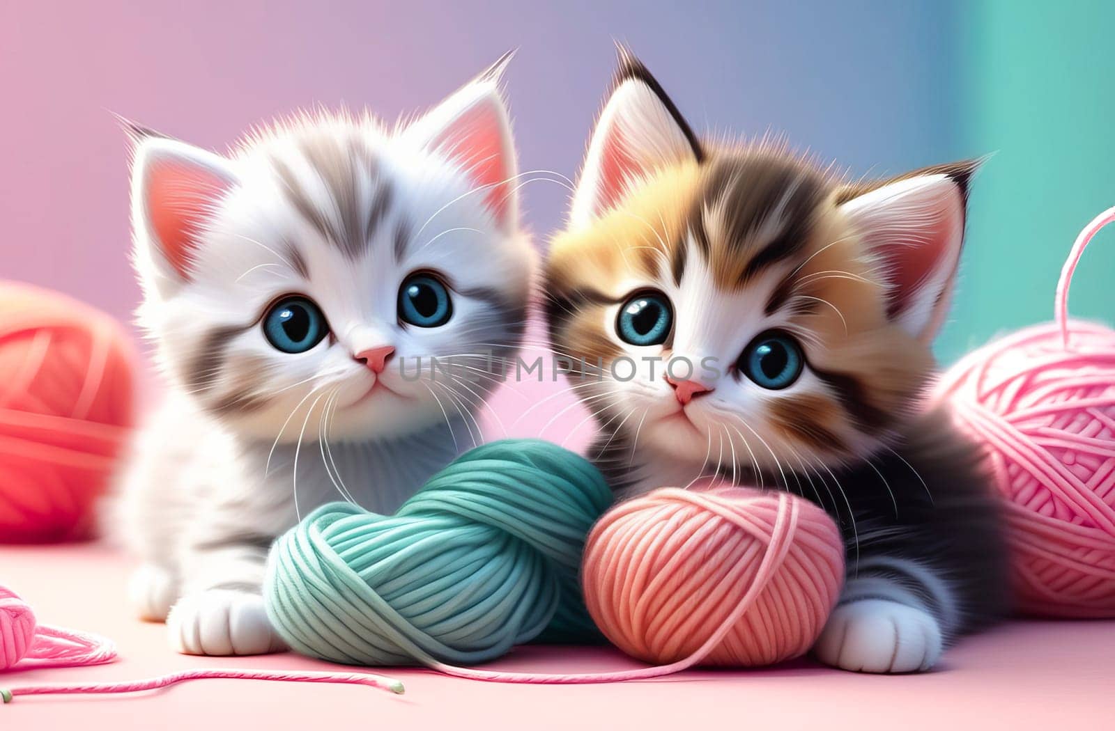 Cartoon kittens playing with skeins of yarn. AI generated. by OlgaGubskaya