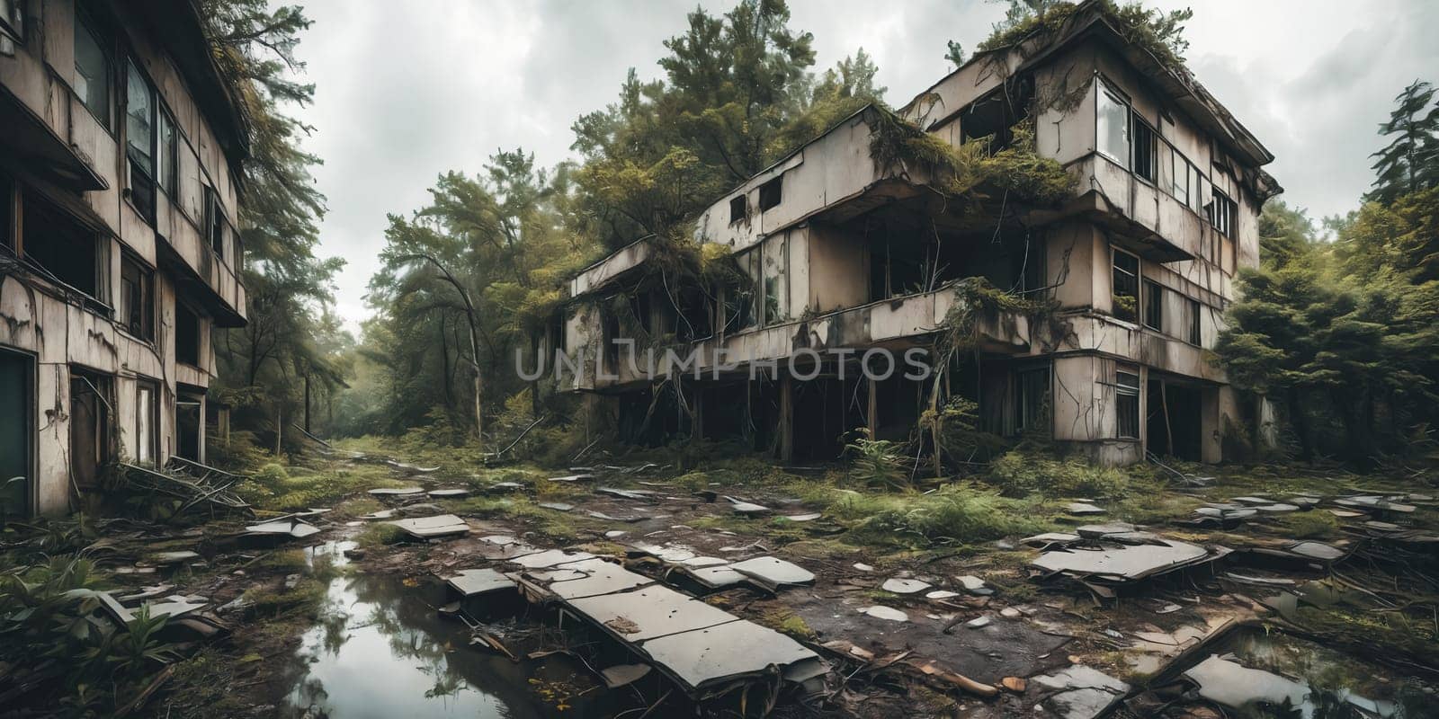 Nature's Takeover. Post-apocalyptic setting where nature prevails, with trees growing through broken concrete, wildlife thriving in abandoned structures, and a sense of harmony between man-made structures and the natural world.