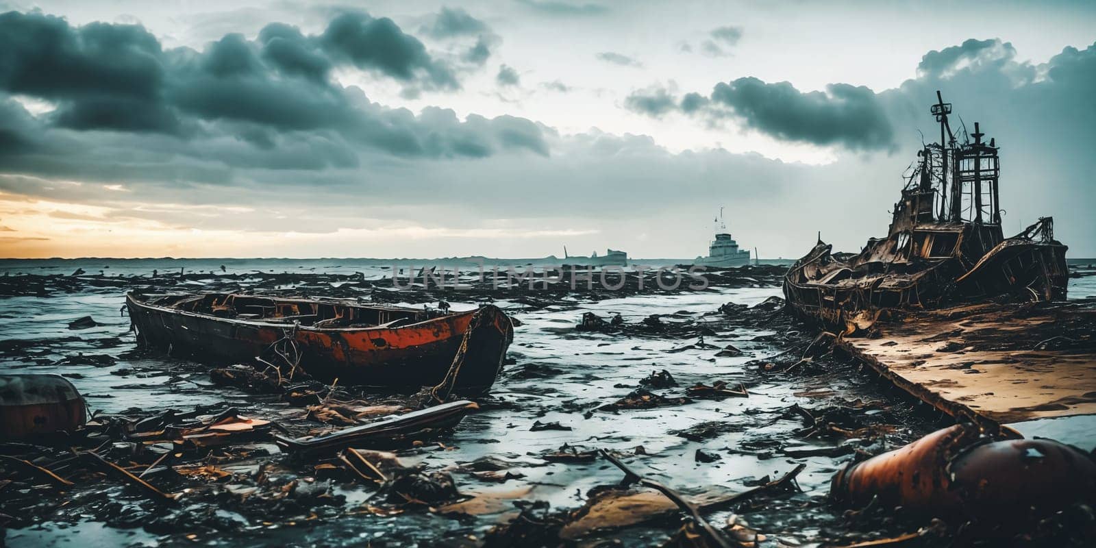 Shipwrecked World. Post-apocalyptic coastal scene with sunken ships, washed-up debris, and a desolate shoreline overlooking a vast and unforgiving sea.